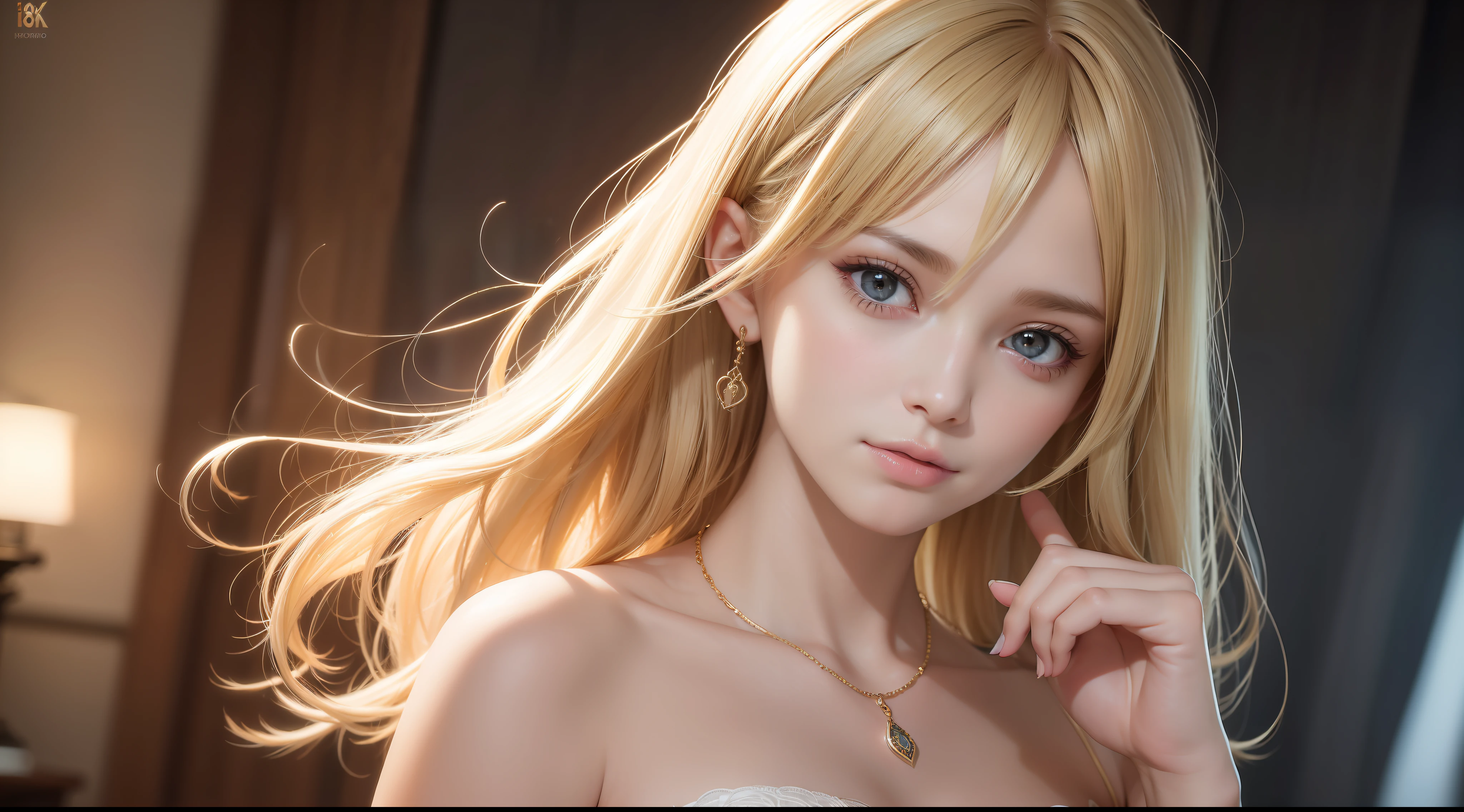 best quality, masterpiece, high_res, 1girl, hair ornament, necklace, jewelry, Beautiful face, upon body, tyndall effect, photo realistic, dark studio, rim lighting, two tone lighting, (high detailed skin:1.2), 8k uhd, dslr, soft lighting, high quality, volumetric lighting, candid, Photograph, high resolution, 4k, 8k, Bokeh, medium breasts, open fingers, (hair color:blonde:1)