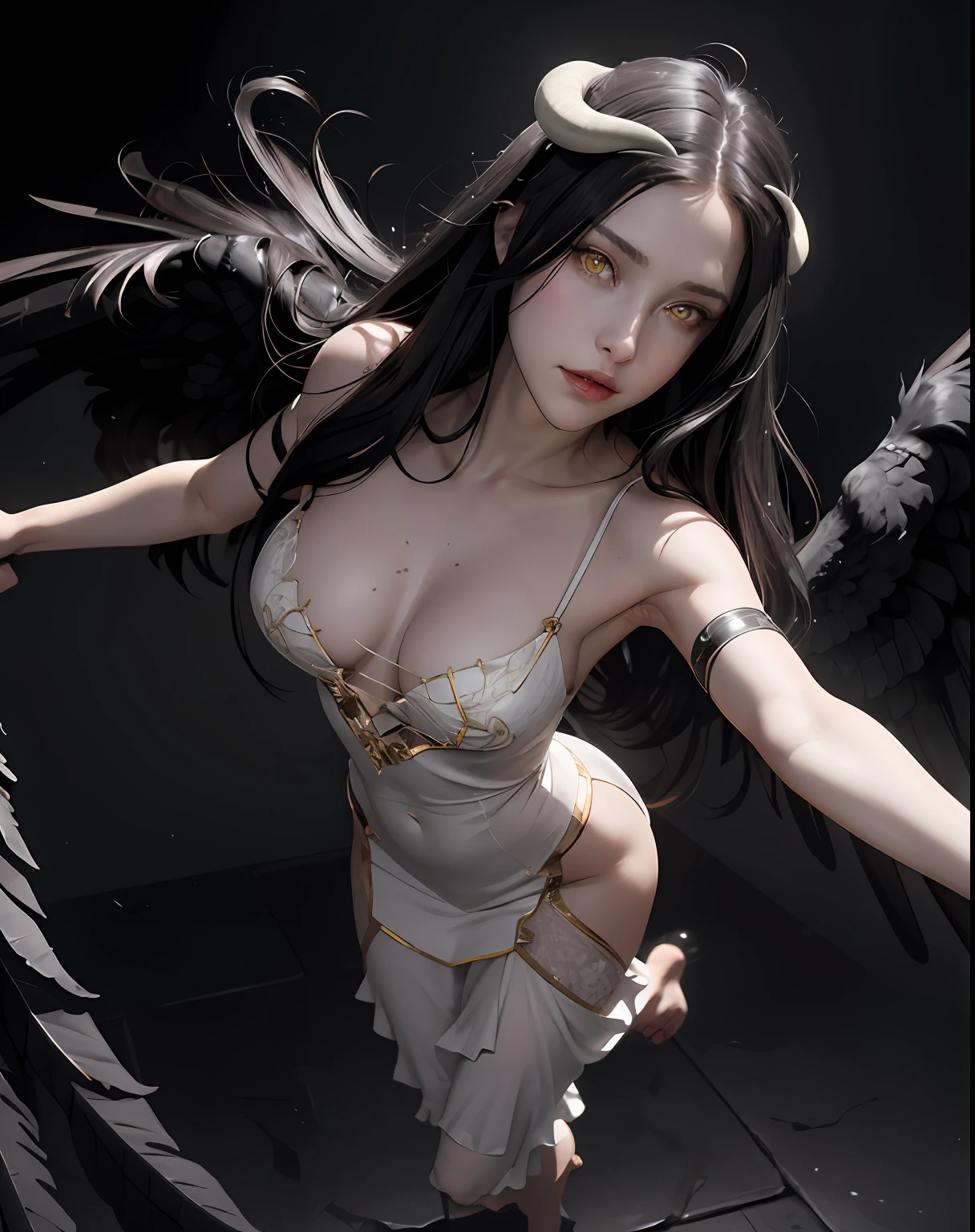 masterpiece, best quality, absurdres, perfect antomy ,1girl,solo , dark background, ,large breasts, long hair, black hair, wings, black wings, horns,pale skin:1.5, intricate, fantasy, floating black feathers, , small head,large wings, fallen angel, evil smile, small pupils , glowing eyes, white skin, yellow eyes, realistic, cinematic lighting , feminine face, lusty, sharp focus,full body, sexy pose, octane render, long dress, looking at viewer,