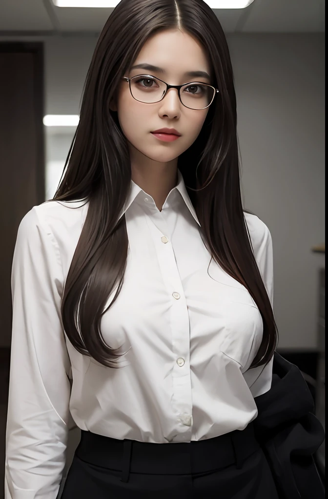 A woman, brown hair, brown eyes, shapely body, long hair, hair parted in the middle, straight hair, in a suit, in an office, office outfit, detailed body, detailed eyes, masterpiece, best quality, high quality, camera raw, realistic, real person, wearing glasses