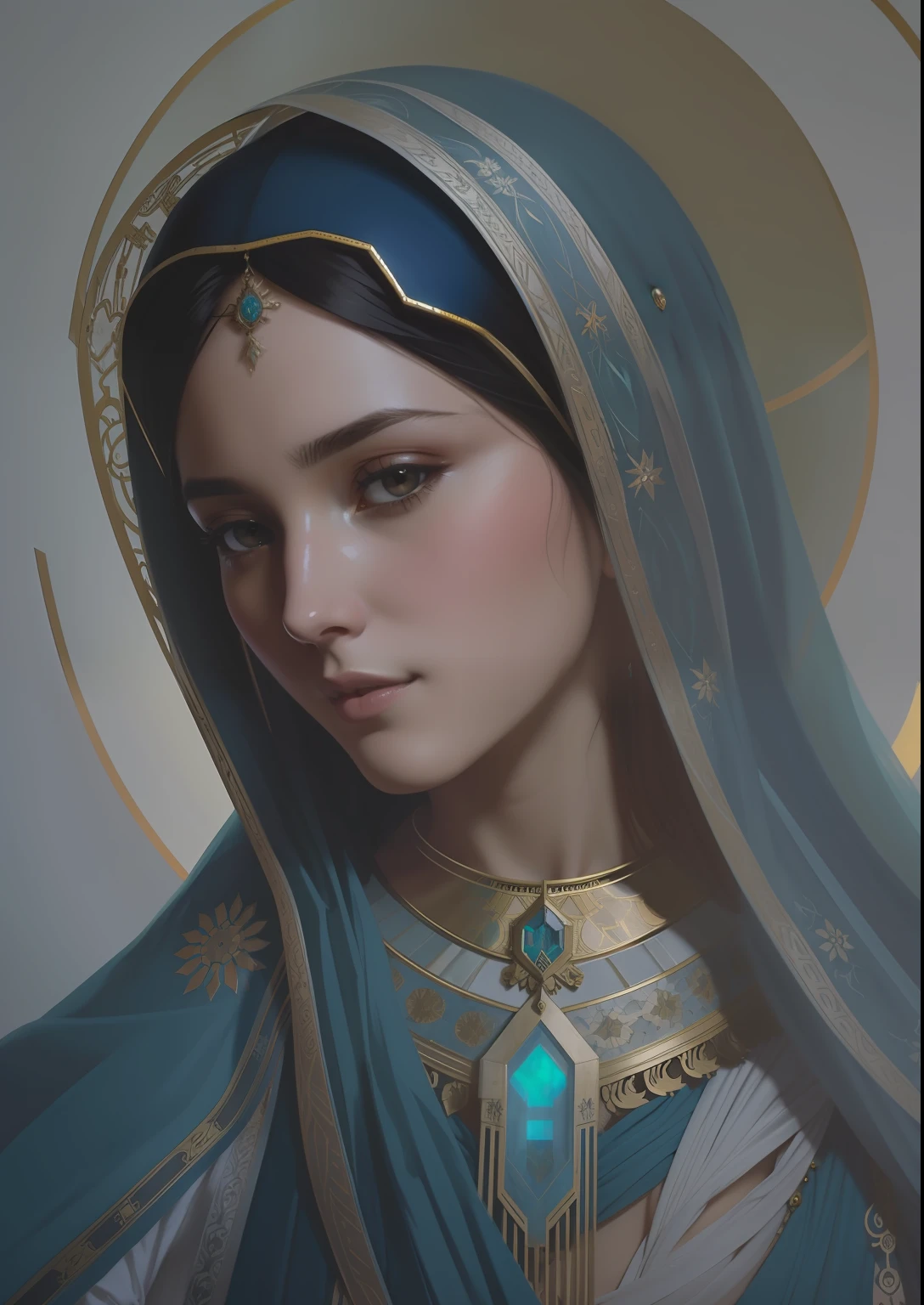 The Virgin Mary. MUJER CAUCASICA. 19 years old, DULCE Y LA INOCENTE MIRADA ANGELICAL, Alta calidad, obra maestra, rasgos faciales exquisitos, cabello exquisito, ojos exquisitos, cabello de color exquisito, calidad de imagen 4K, hermosa luz y sombra, efecto Tyndall, halo, cabello desordenado, estado joven, escena hermosa, ropa exquisita, cadenas, plumas, belleza antigua con ojos grandes muy detallados, pintura digital, artstation, arte conceptual, foco nítido, illustration, arte de greg rutkowski y alphonse mucha y victo ngai