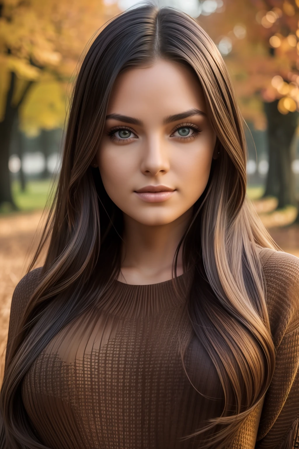 photography of a stunning girl, wearing a autumn jumper, long hair on one side, heavy bust 36DD, looks into the camera, symmetrical eyes, symmetrical face, photorealistic, photography, path tracing, specular lighting, volumetric face light, path traced hair, visible shadows, intricate, elaborate