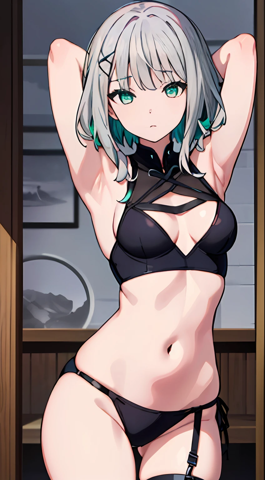 ​masterpiece, (top-quality), 1womanl,1girl in, Hi-Res, UI2, 1girl, 独奏, Very short hair, (Silver hair:1.2), (Gray eyes:1.4), X Hair ornament, striated hair,Small breasts, ((Short hair 1.2)), Gradient Hair,((blunt bang:1.2)), Dyed bangs, 1girl, (Emerald inner hair:1.2), short hair with long locks, multicolored eyes, O cabelo multicolorido, (Emerald green eyeliner:, (curly hair:1.2), Female sexy,vivd colour, natural soft light,RTX, , Beautiful fece, (详细的脸:1.2), showcase, (perfect  eyes:1.1) ,(Photorealsitic:1.1), 8K UHD, Look at viewers, arms behind head, seiza, cowboy  shot