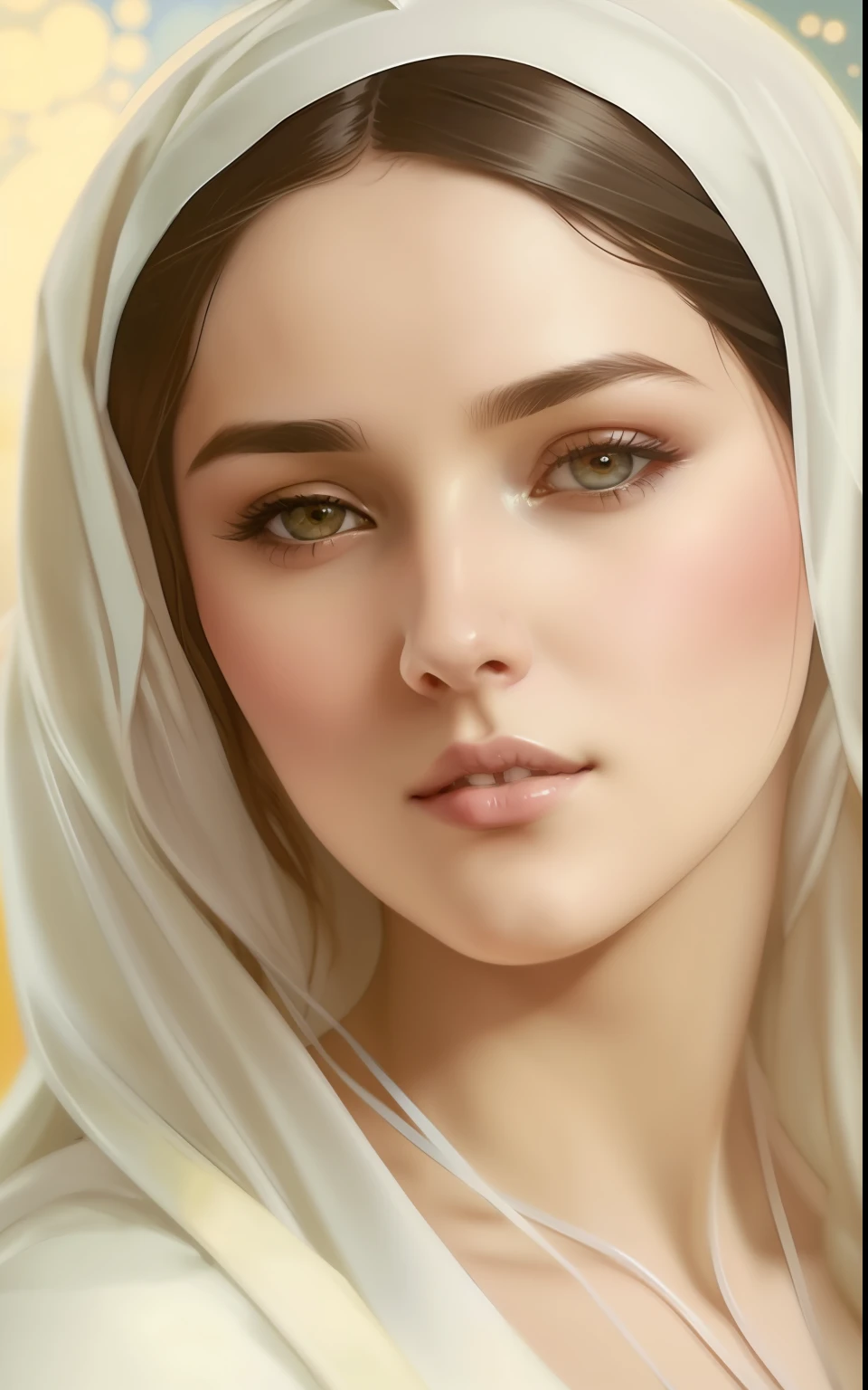 The Virgin Mary. MUJER CAUCASICA. 19 years old, DULCE Y LA INOCENTE MIRADA ANGELICAL, Alta calidad, obra maestra, rasgos faciales exquisitos, cabello exquisito, ojos exquisitos, cabello de color exquisito, calidad de imagen 4K, hermosa luz y sombra, efecto Tyndall, halo, cabello desordenado, estado joven, escena hermosa, ropa exquisita, cadenas, plumas, belleza antigua con ojos grandes muy detallados, pintura digital, artstation, arte conceptual, foco nítido, illustration, arte de greg rutkowski y alphonse mucha y victo ngai