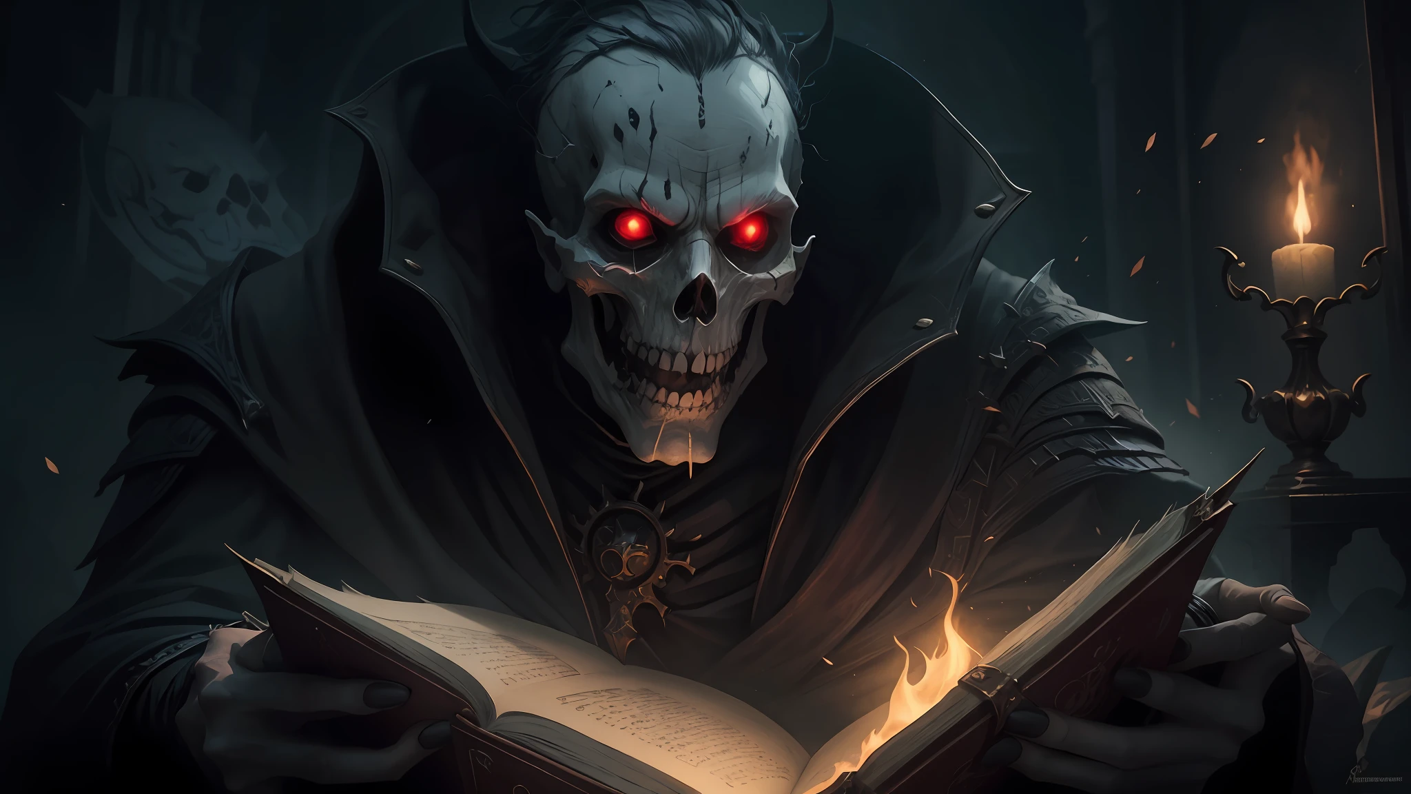 Highest quality，Masterpiece，Handsome and beautiful vampire necromancer reading a book in a dark room, dark but detailed digital art, Book of the Dead, horror fantasy art, detailed 4k horror artwork, Horror stories, dark fantasy horror art, Crypt legends, fantasy horror art, Read an evil devil's book, highly detailed dark art, portrait of the old necromancer