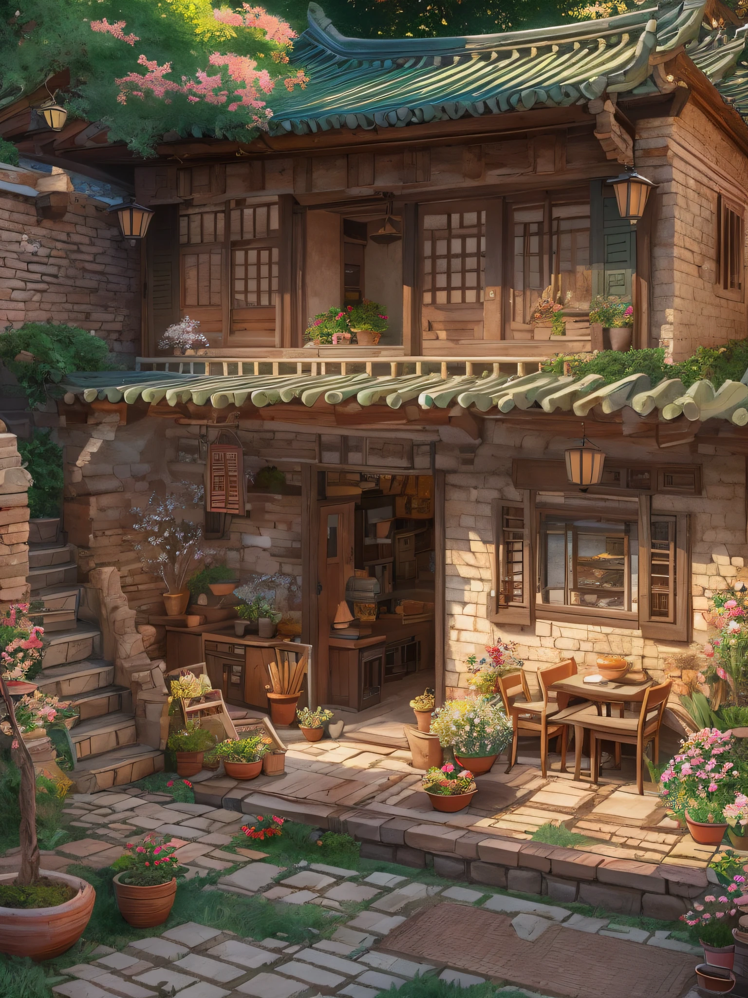 In the 80s of the 19th century, Rural China,Adobe brick house,One-story low house,There is a painting of a house with a patio and a table, Detailed scenery —width 672, immensely detailed scene, Multidimensional cozy little yard, highly detailed scenario, high detal), hyper detailed scene, high detal, realistic 3 d style,cozy place, peaceful scene,Works of masters,Anime background art,ghibli studio art