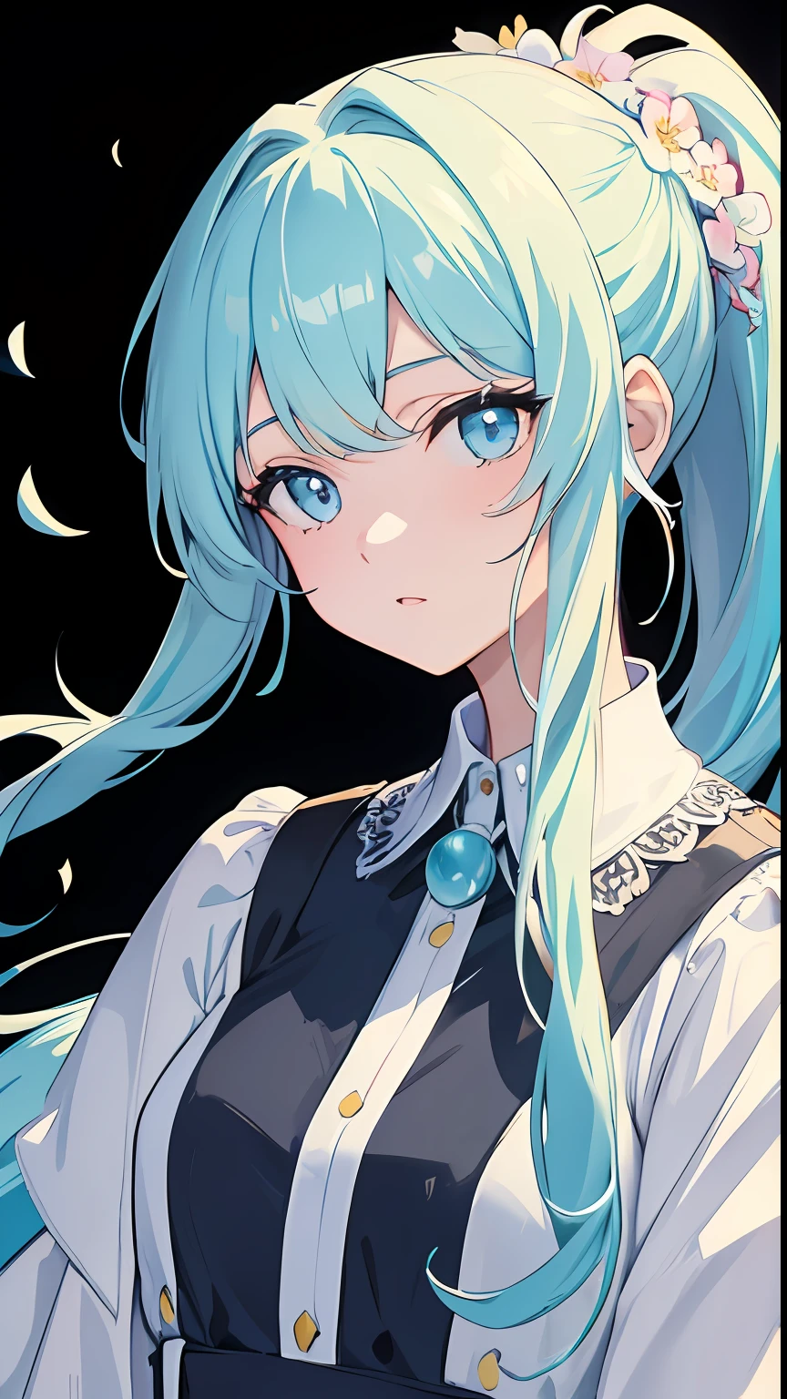 (masterpiece), (best quality), (ultra detailed),(disheveled hair),(illustration), (1girl), (Fashionable clothing), standing, Fashion model, looking at viewer, (interview), (simple background),beautiful detailed eyes, delicate beautiful face, Floating,(high saturation),(colorful splashes),colorful bubble,(shining), focus on face, ponytail, kamisato ayaka, light blue hair, bangs, hair ring, floating flowers, floating hairs, (shining), best lighting, best shadow,