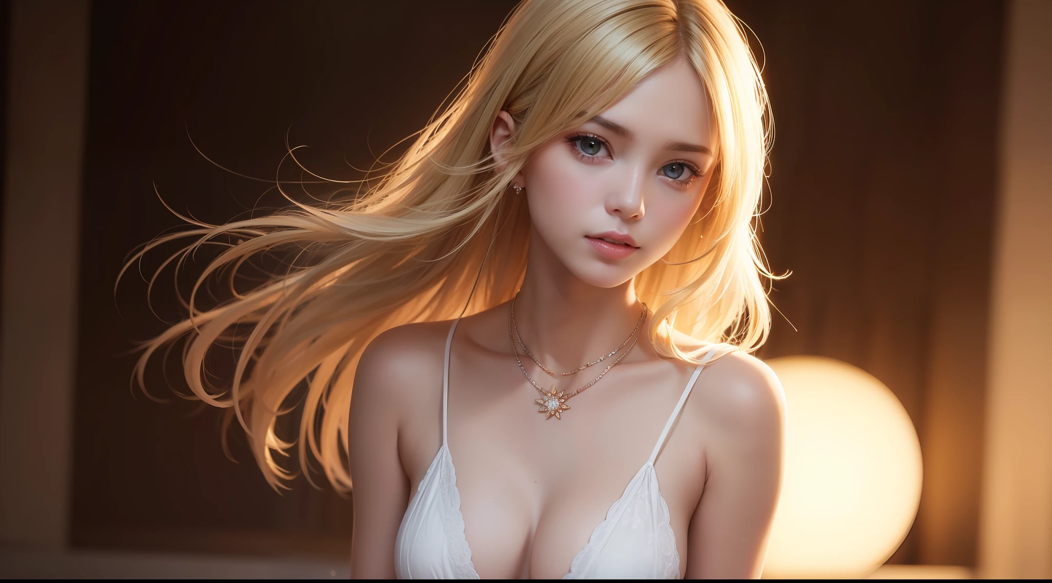 best quality, masterpiece, high_res, 1girl, hair ornament, necklace, jewelry, Beautiful face, upon body, tyndall effect, photo realistic, dark studio, rim lighting, two tone lighting, (high detailed skin:1.2), 8k uhd, dslr, soft lighting, high quality, volumetric lighting, candid, Photograph, high resolution, 4k, 8k, Bokeh, medium breasts, open fingers, (hair color:blonde:1)
