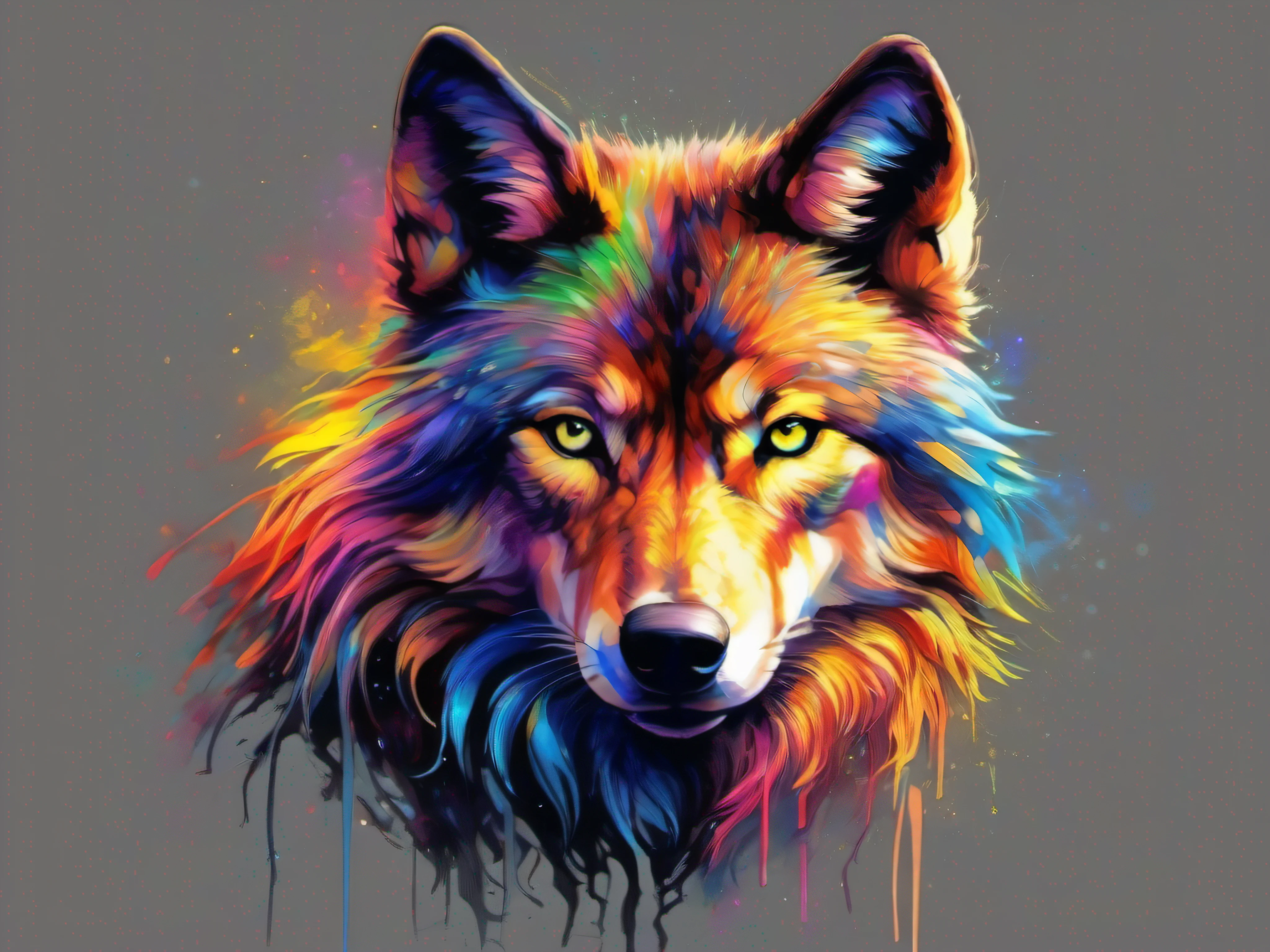 A painting of a colorful wolf on a black background,, breathtaking rendering, dans une connexion rayonnante, inspired by Kinuko Y. Trade,, Magical elements, Kitten icon, pleurage, est magnifique, lancer un sort multicolore, Flash lumineux, Flash, sans signature