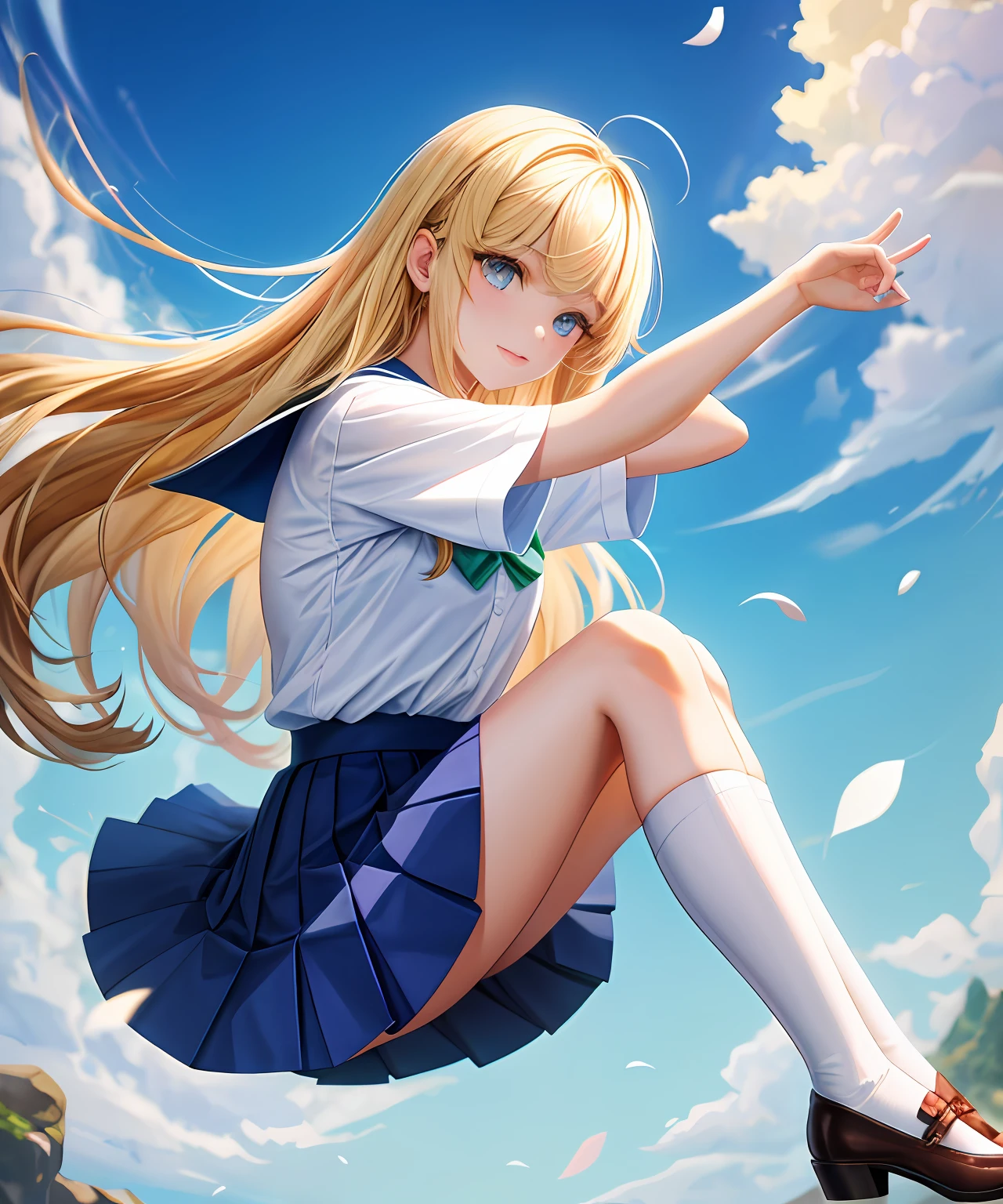 Ji-eun is a charming-looking blonde student. Ela tem longos cabelos loiros, loiros e sedosos que caem suavemente sobre seus ombros. His eyes are radiant and of a dazzling emerald green, que conferem um brilho especial ao seu rosto. Your skin is clear and flawless. Ji-eun is thin and has an elegant posture, seios grandes, quadril fino, bunda grande, beleza natural.

Uniforme escolar: Ji-eun veste um uniforme escolar branco, typical of South Korean schools. The blouse is adjusted to the body, com mangas curtas e uma gola preta, destacando sua figura esbelta. Saia azul, The skirt is pleated and goes to the knees, confirindo um ar jovial e fofo ao seu visual. Ela usa um par de meias brancas bem apertadas nas coxas, junto com sapatos pretos de estilo Mary Jane. Vistos de baixo.