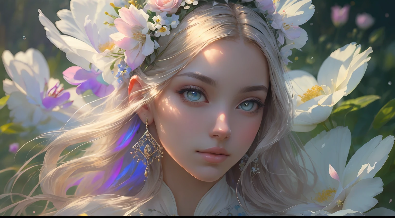 This artwork is dreamy and ethereal, with colors drawing inspiration from gentle watercolors, primarily pink. Generate a delicate and demure flower maiden with soft, realistic hair dancing in the breeze. Her sweet, realistic face is extremely detailed and has puffy, big lips and stunning, highly realistic eyes. Her eyes are important and should be realistic, highly detailed, and beautiful. The flower maiden is wearing delicate and elegant fabric of silk and satin. She is surrounded by beautiful flowers of varying sizes and colors and flower petals dancing in the wind around her. The background is detailed, wild, and unruly, with wildflowers and wind and pollen creating a dynamic and compelling image. She wears an ornately flowered headdress that enhances her soft beauty. Include a soft watercolor sky. Include fantasy details, enhanced details, iridescence, colorful glittering wind, and pollen. Pay special attention to her face and make sure it is beautifully and realistically detailed. The image should be dreamy and ethereal.8k, intricate, elegant, highly detailed, majestic, digital photography, art by artgerm and ruan jia and greg rutkowski, (masterpiece, finely detailed beautiful eyes: 1.2), hdr, realistic skin texture, ((fantasy00d:1)), rays of light, ornate flowers, dew drops, sunlight, hazy rays of sun, flowergateway style, castle, palace, archway, flowers, growing