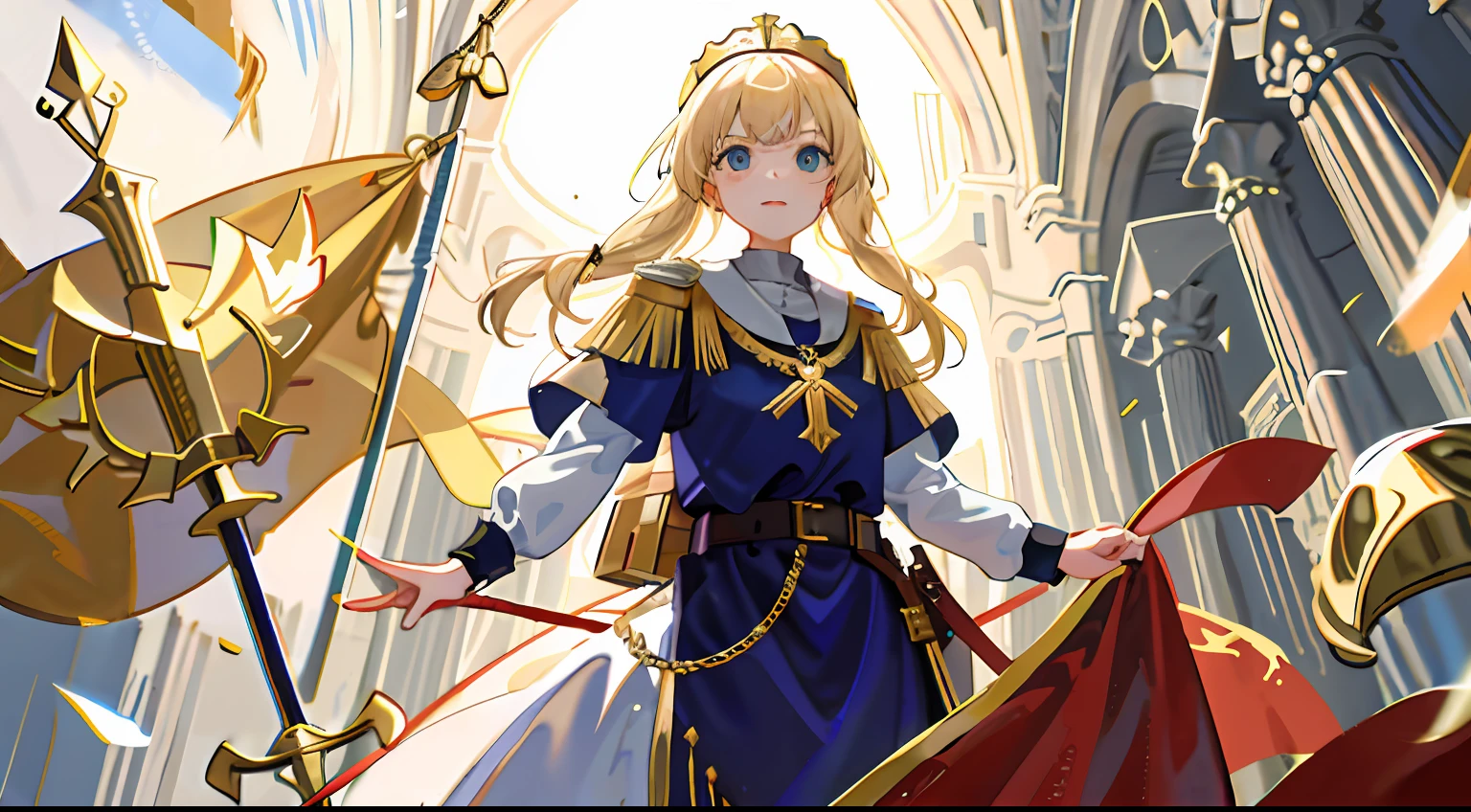 1girll, Flag emblem of Poland,cabellos largos dorados,holy paladin,Knighthood,gold light,Gold accent,Domineering,Steadfast,divino
