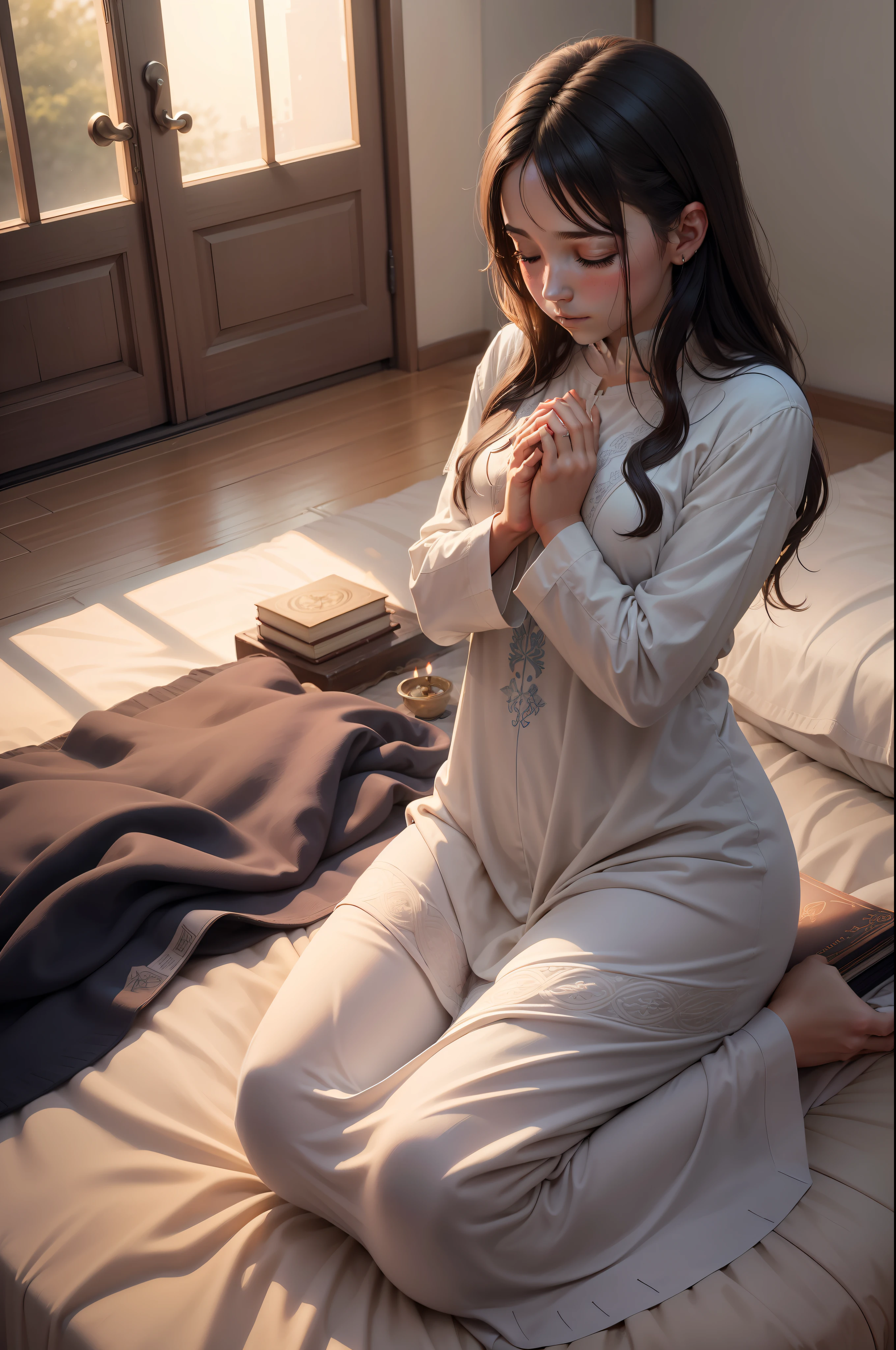 A serene and spiritual scene of someone praying before bed. The person is sitting or kneeling next to the bed, with hands clasped together in prayer and eyes closed in concentration.
The lighting is soft, criando uma atmosfera de paz e recolhimento. Talvez haja uma pequena vela ou uma luz suave ao lado, providing an environment conducive to the practice of prayer.
Ao redor, Elements that refer to spirituality, as religious symbols or a holy book, bring a sense of connection to the divine.
The expression of the person is one of serenity and devotion, demonstrating the importance and depth of the practice of praying before bed.
The scene conveys a sense of tranquility and surrender, showing that the person is connecting with something greater and finding comfort and peace through prayer.
The image is represented in a photographic style, Using a professional camera with 50mm lens to capture the sharpness of prayer details and spiritual atmosphere. The photo is carefully framed, highlighting one's connection to the sacred in that moment of prayer before bedtime.
This depiction of praying before bed conveys the idea that the practice of prayer is a way to find refuge and spiritual comfort before resting through the night. The scene emphasizes the importance of spirituality in everyday life, showing that connection with the divine can bring serenity and inner peace, contribuindo para um sono tranquilo e restaurador. The person in the scene serves as an inspiring example of how prayer can be a meaningful and transformative practice in the daily routine.