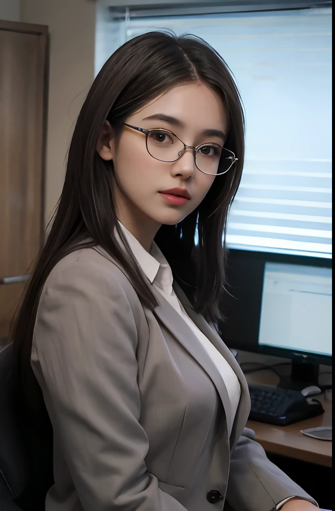 A woman, brown hair, brown eyes, shapely body, long hair, hair parted in the middle, straight hair, in a suit, in an office, office outfit, detailed body, detailed eyes, masterpiece, best quality, high quality, camera raw, realistic, real person, wearing glasses