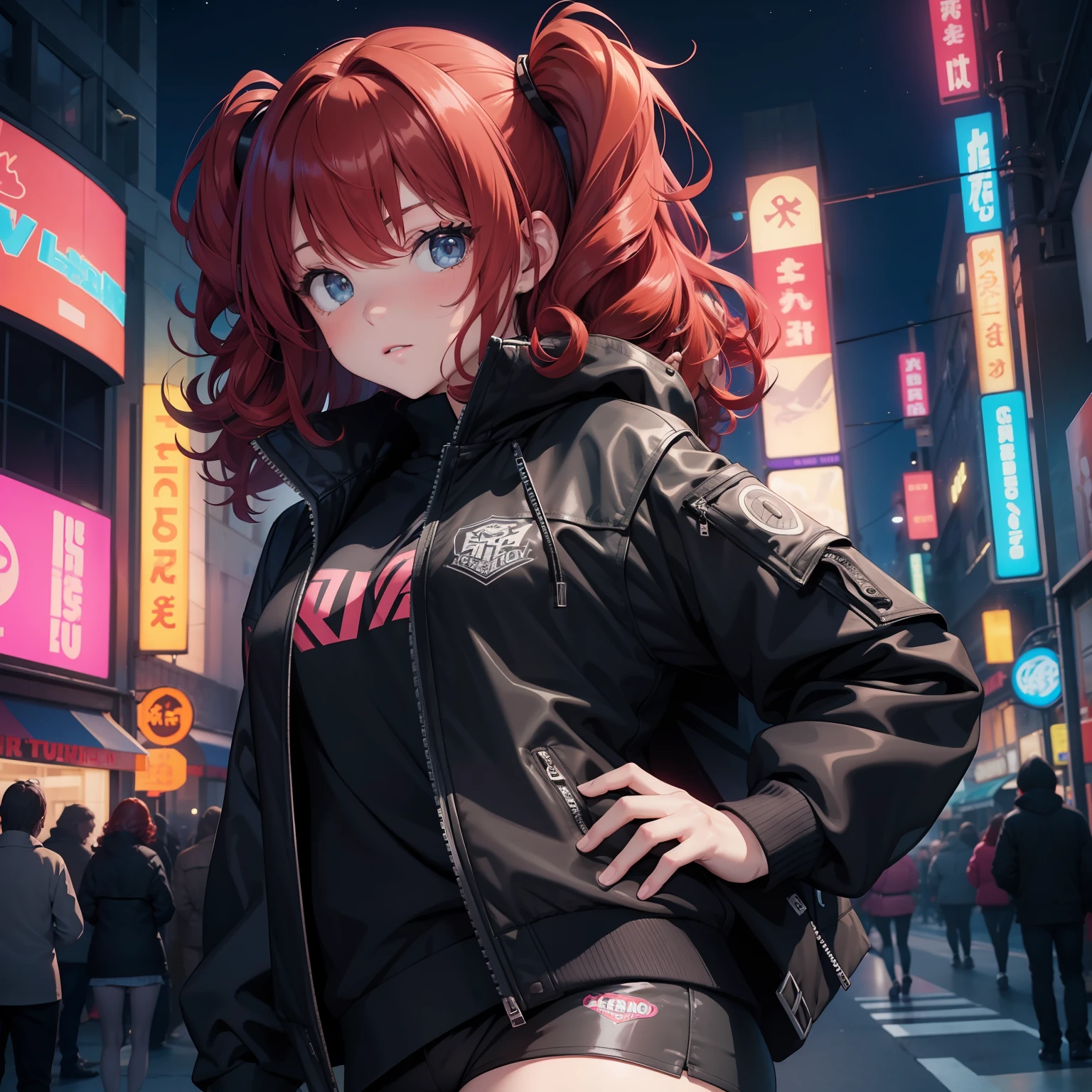 (Master piece, Best Quality),1girl,black jacket,neon,rock punk,redhead,curly hair,at night,