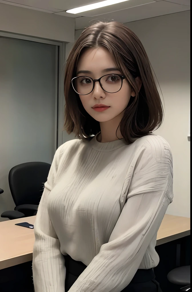 uma mulher, brown hair, olhos castanhos, Corpo em forma, cabelos longos, cabelo partido no meio, Cabelos lisos, de terno, in an office, office outfit, corpo detalhado, Olhos detalhados, master part, best quality, alta qualidade, RAW Camera, Realistic, pessoa real, korean, wearing glasses