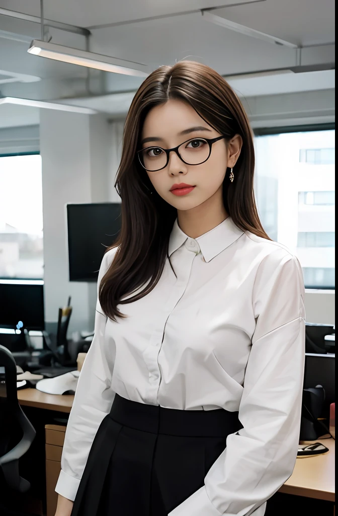 uma mulher, brown hair, olhos castanhos, Corpo em forma, cabelos longos, cabelo partido no meio, Cabelos lisos, de terno, in an office, office outfit, corpo detalhado, Olhos detalhados, master part, best quality, alta qualidade, RAW Camera, Realistic, pessoa real, korean, wearing glasses