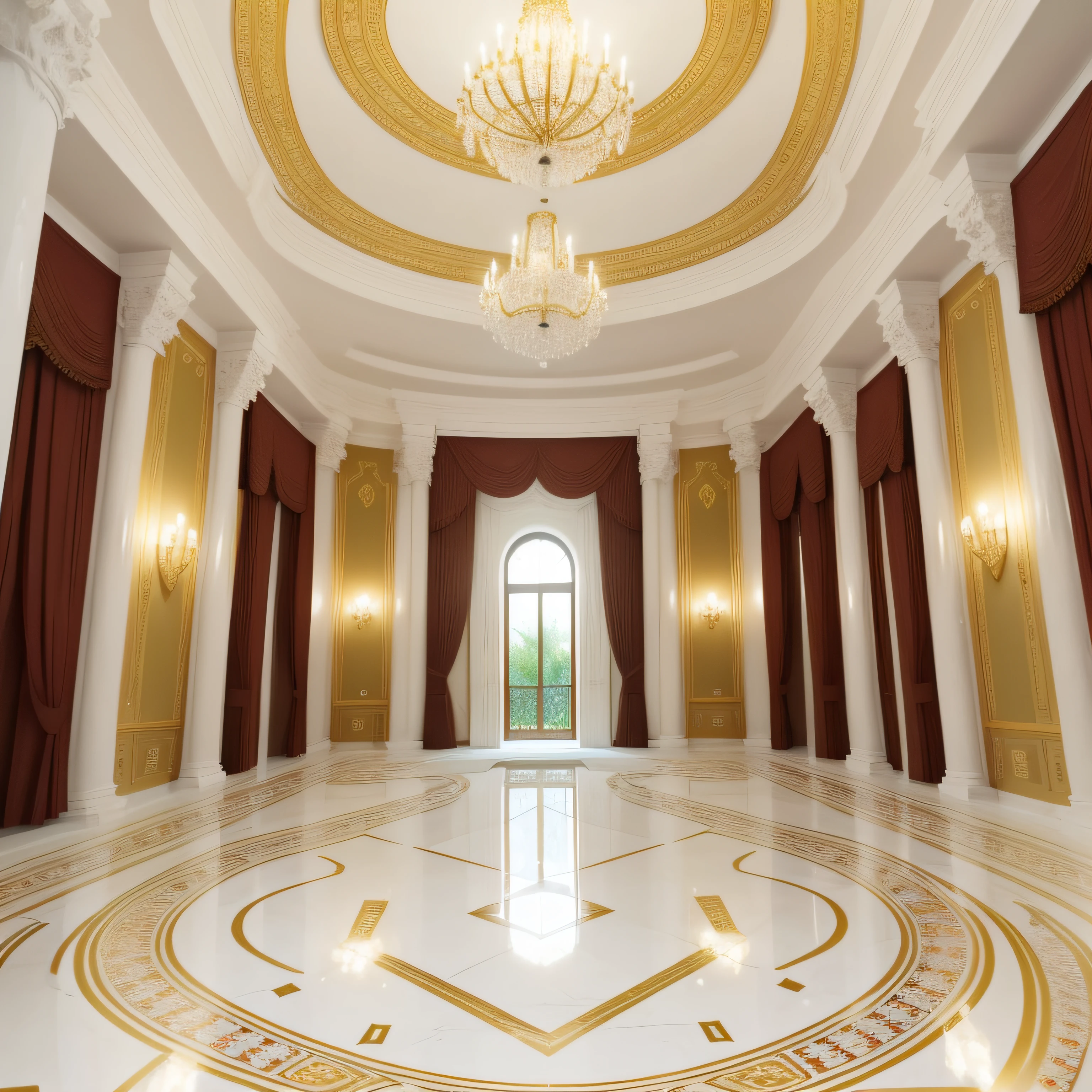 interior de palacio ruso de marmol blanco con ornamentos dorados, vista de camara frontal
