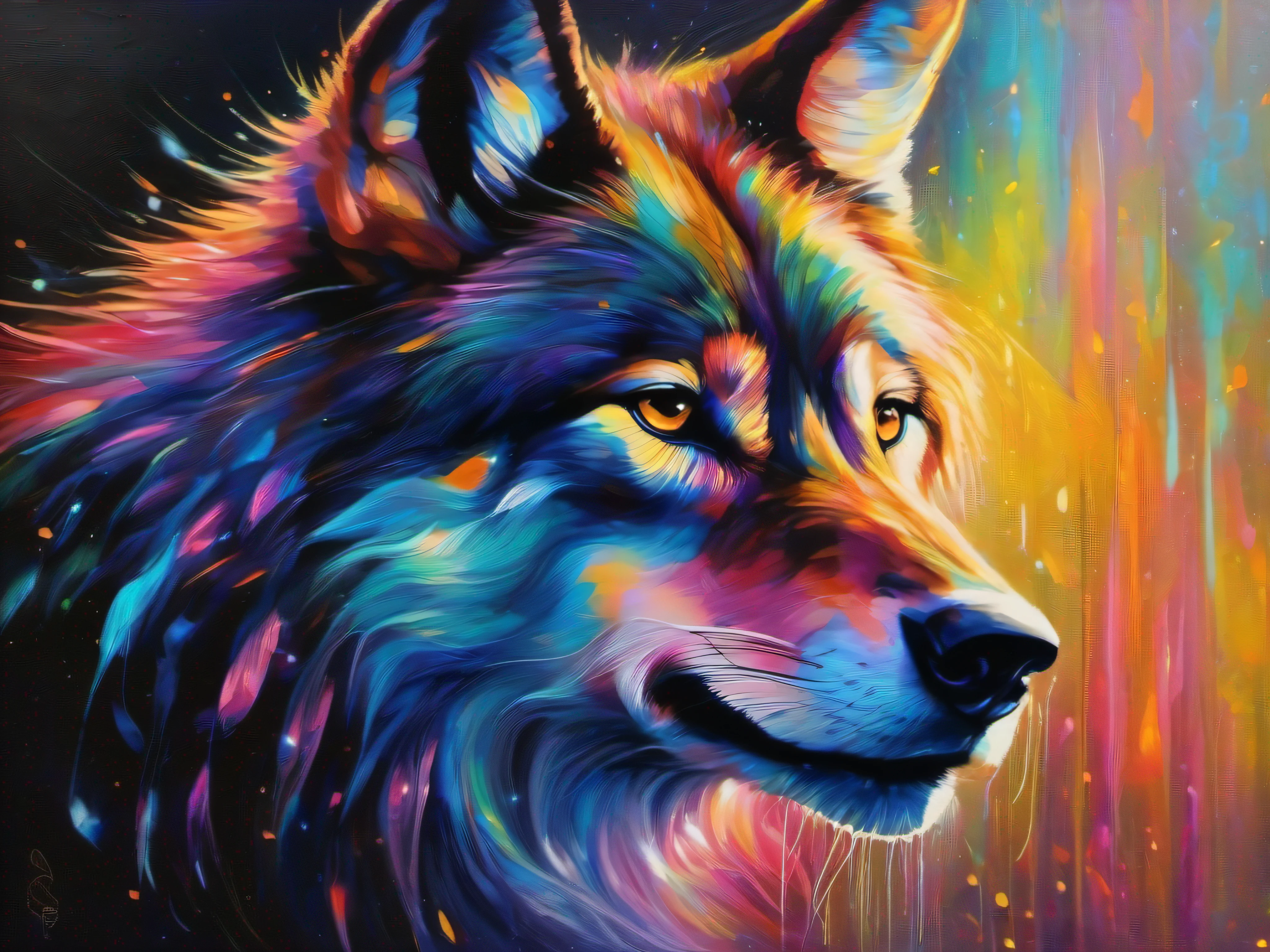 A painting of a colorful wolf on a black background,, breathtaking rendering, dans une connexion rayonnante, inspired by Kinuko Y. Trade,, Magical elements, Kitten icon, pleurage, est magnifique, lancer un sort multicolore, Flash lumineux, Flash, sans signature