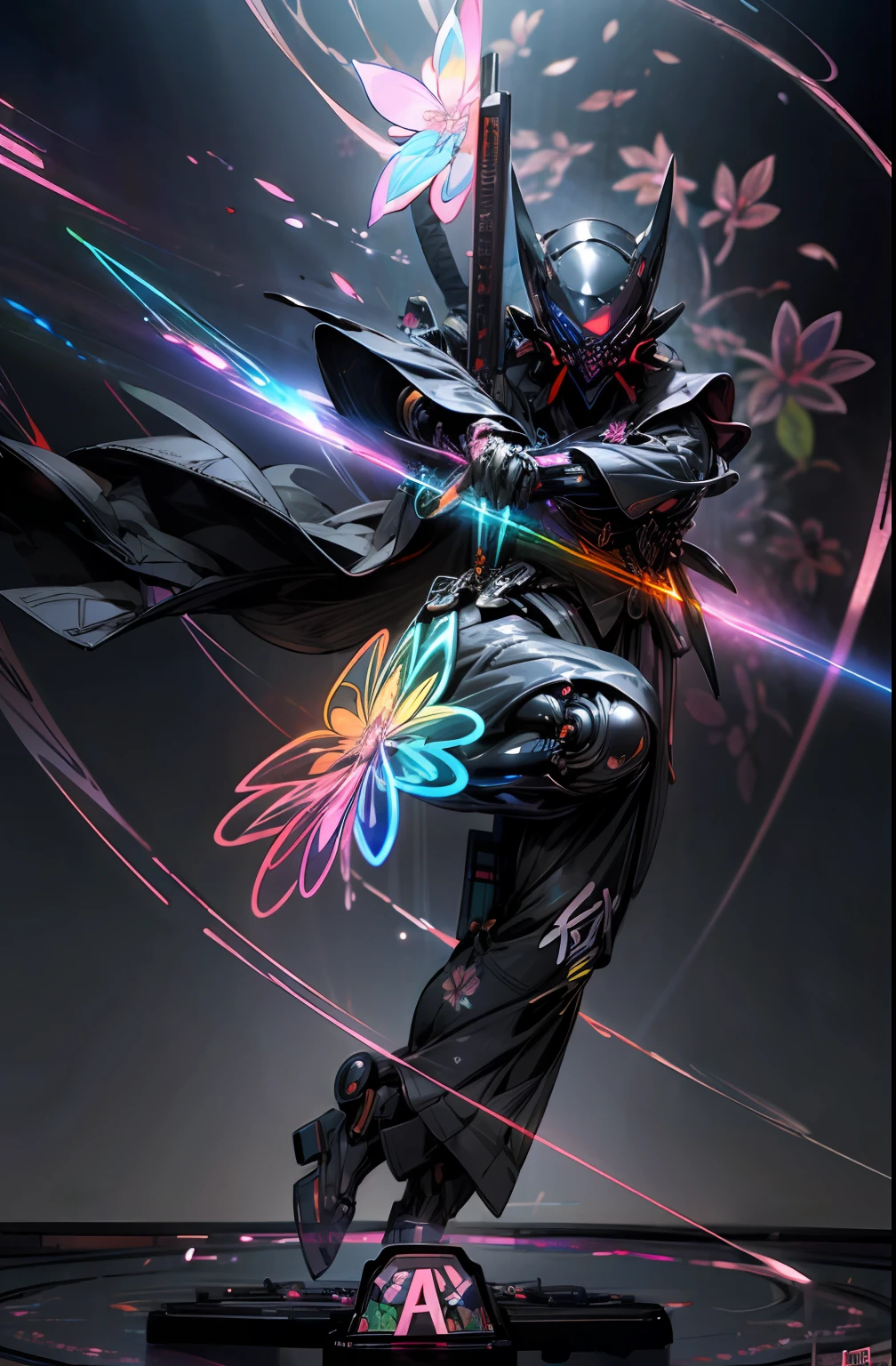 (Flower hologram:1.6)、helmets、gas masks、(Neon liquid:1.2)、(neon wiring:1.2)、(Samurai costume:1.2)、(Dynamic Posing:1.3)、Irridescent color、cyberpunked、100,000 people、Mechanical Marvel、droid。