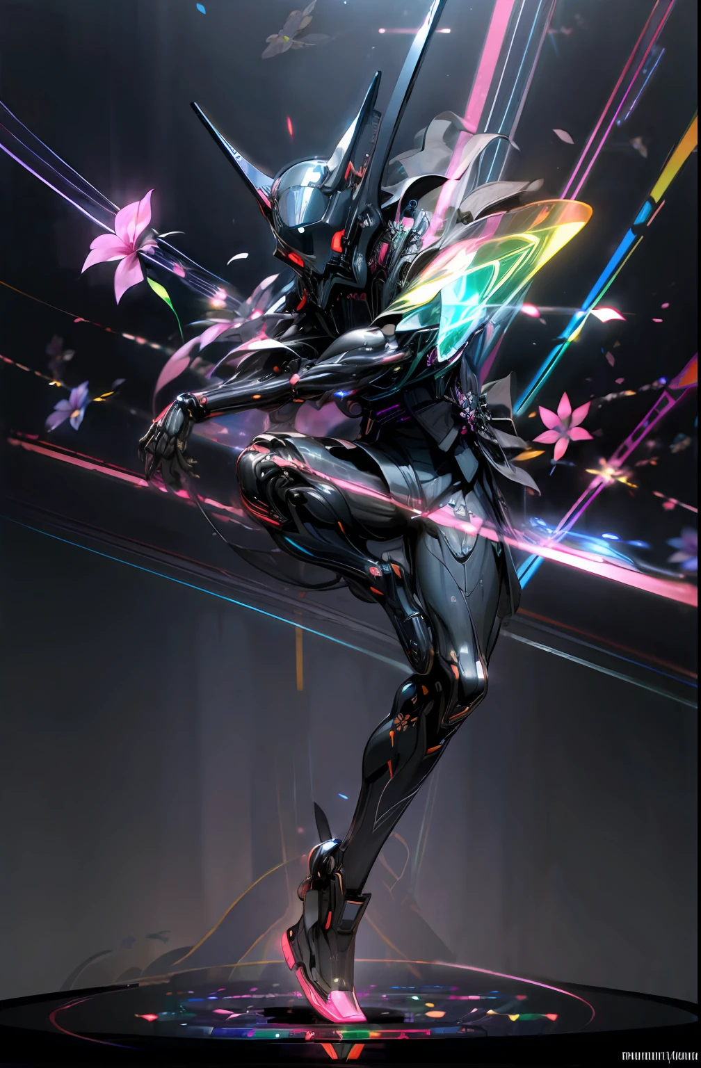 (Flower hologram:1.6)、helmets、gas masks、(Neon liquid:1.2)、(neon wiring:1.2)、(Samurai costume:1.2)、(Dynamic Posing:1.3)、Irridescent color、cyberpunked、100,000 people、Mechanical Marvel、droid。
