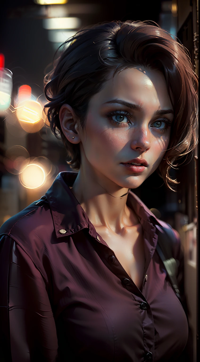 ( 
    (Character: one Israeli woman, 20 years old, brunette, short hair)
    (Clothing: wine lawyer clothes)
    (Pose: upper body shot:1.7, dynamic pose)
    (blurry, intense urban lights in background, wine color scheme:1.3) 
    (Style: ((masterpiece:1.5)), (face detailed), photo-realistic:1.3, hyperrealistic, film grain, realistic lighting)
)