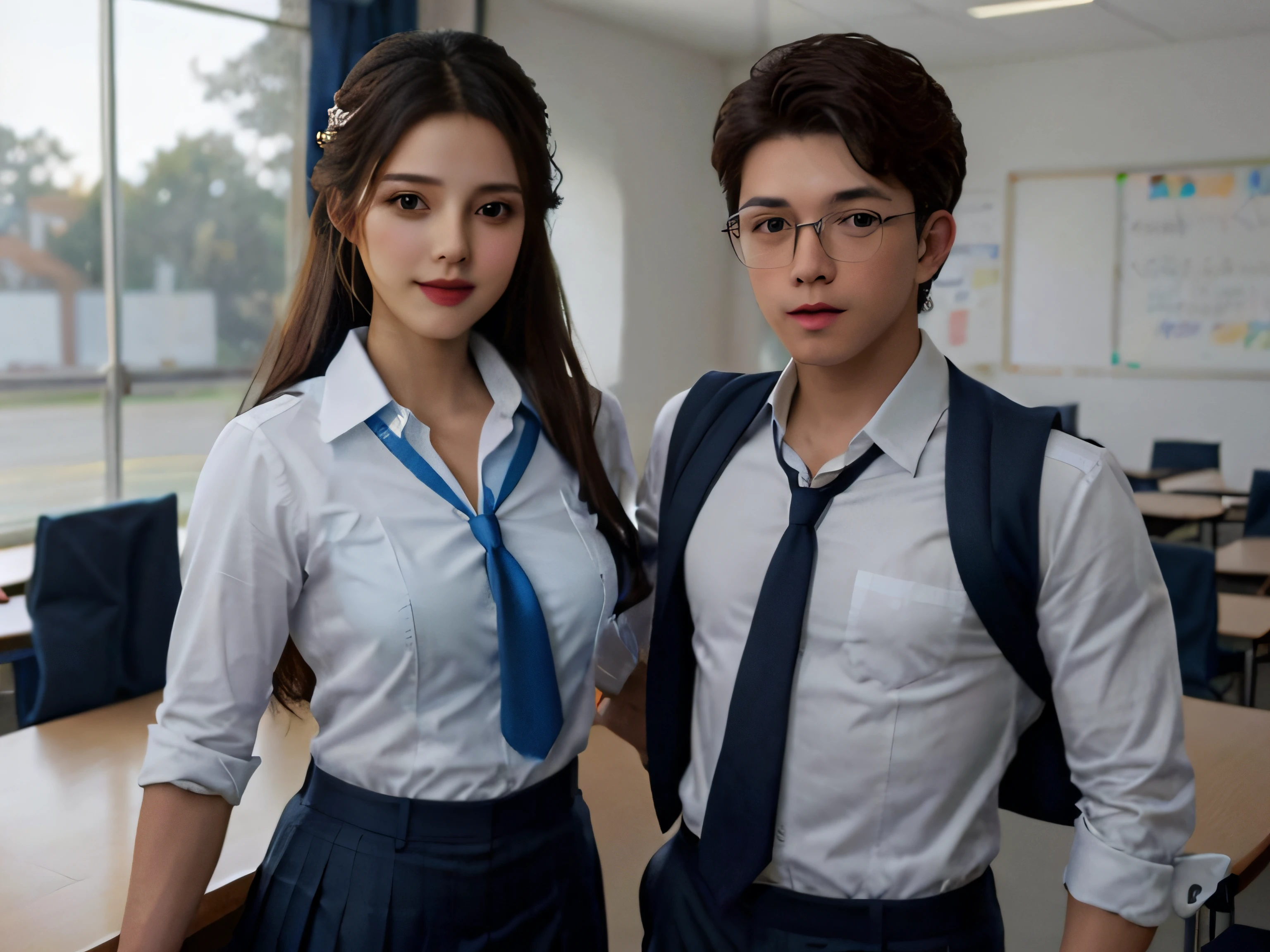 Attractive girl's face looking at the camera, camisa blanca con corbata azul, todo abotonado, mirada coqueta