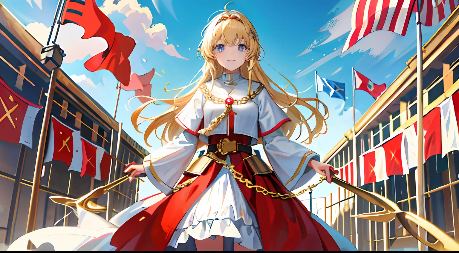 1girll, Flag of Poland,cabellos largos dorados,holy paladin,Knighthood,gold light,Gold accents,Domineering,Steadfast,divino