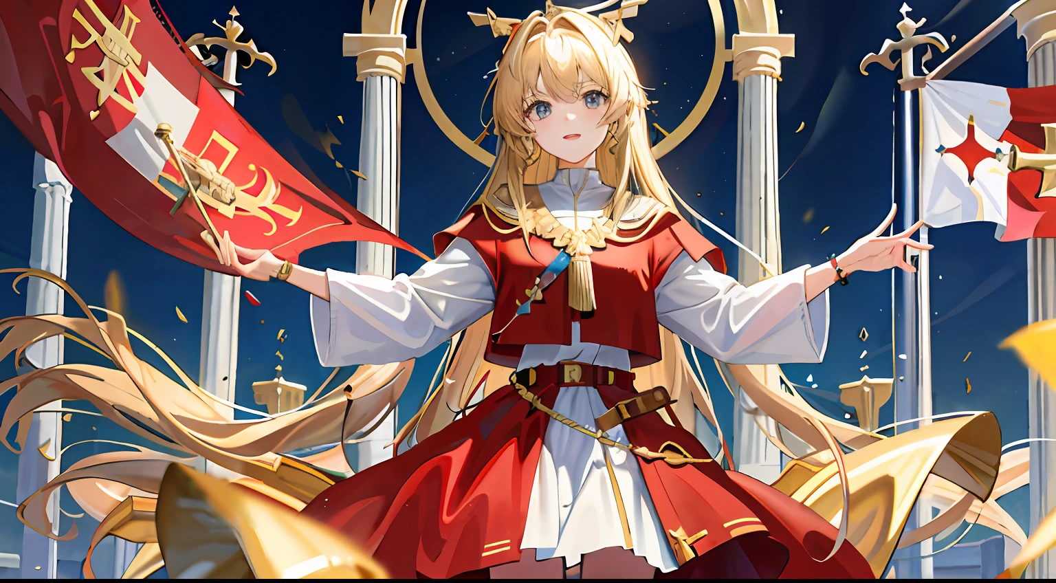 1girll, Flag of Poland,cabellos largos dorados,holy paladin,Knighthood,gold light,Gold accents,Domineering,Steadfast,divino