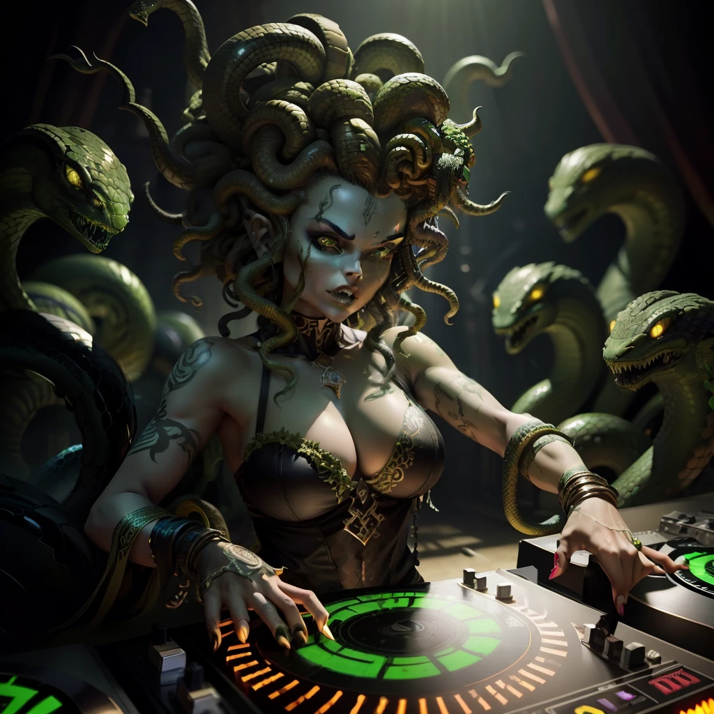 (extremely high resolution), (masterpiece quality), dark, detailed sculpture, "A solo shot featuring (Medusa: 1.3, Gorgona: 1.2), snakes, green eyes, sharp teeth, scales, (shadow and light), menacing, eerie a DJ, showcasing her skills on the turntables at a vibrant rave."