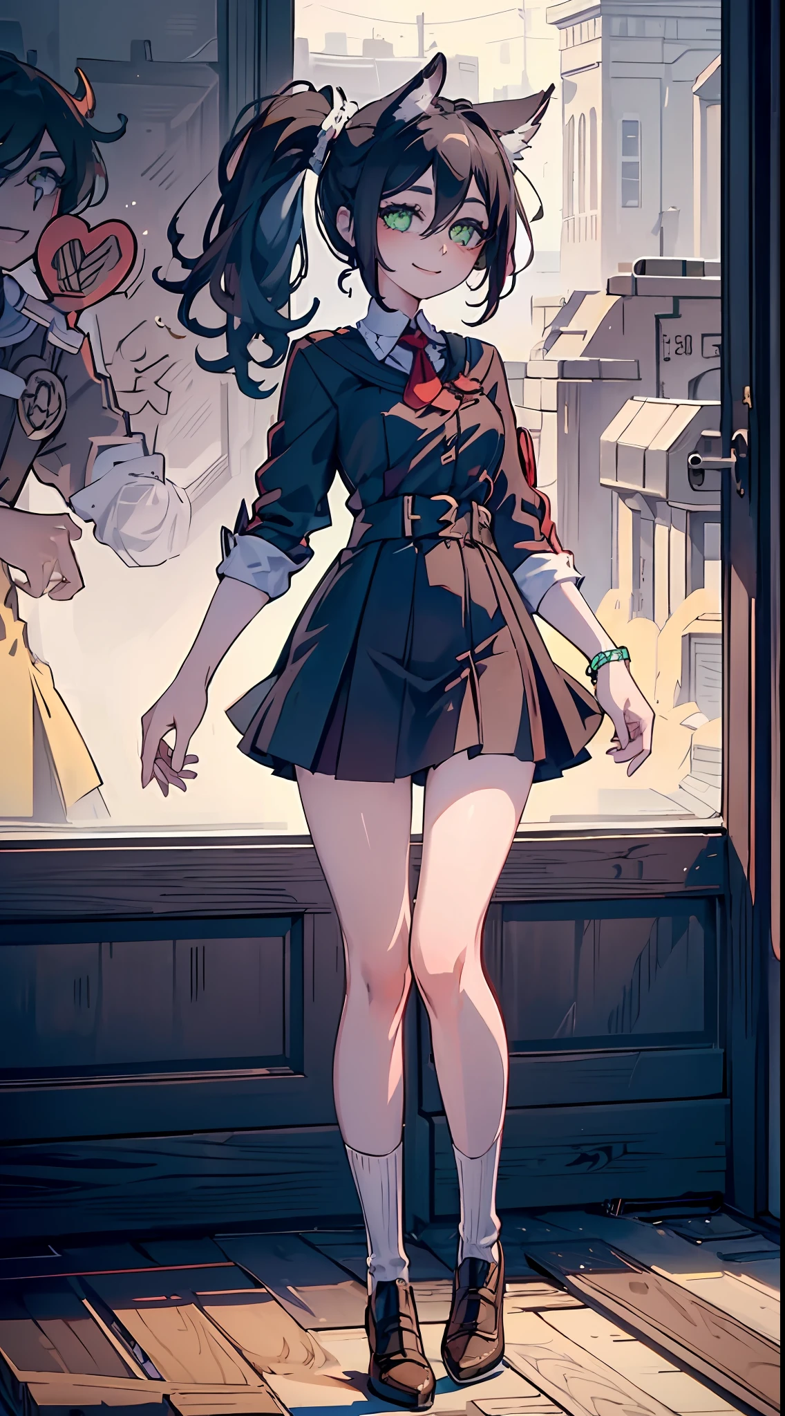 (child body:1.3), 1girl, official, green eyes, looking at viewer, (masterpiece, best quality:1.2), (solo), (1girl), best quality, (photorealistic:1.4),ultra detailed, solo, (full body:1.5), standing, love in eyes, double ponytail, blushing, cute, smile, school uniform, long sleeves, miniskirt