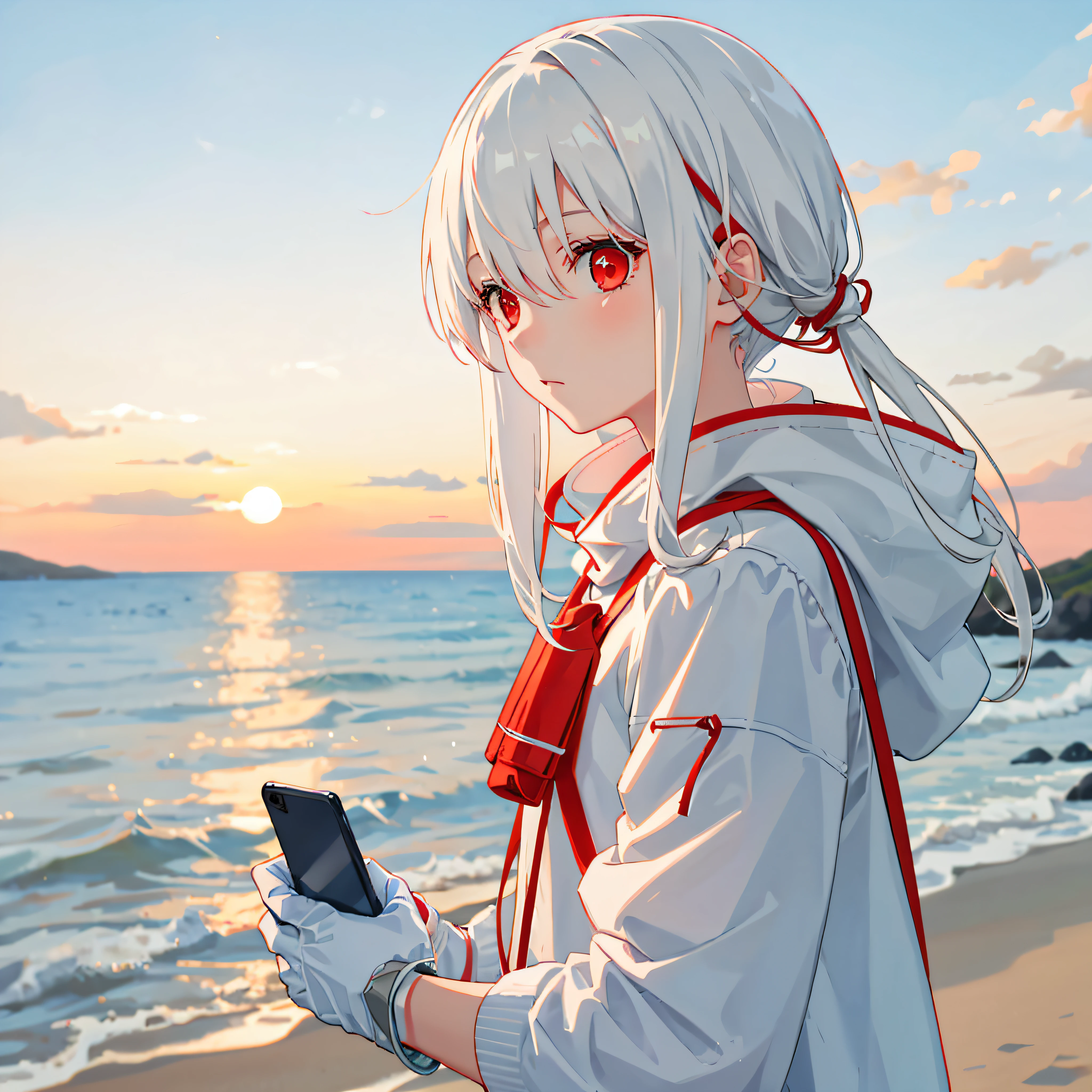 Girl with red rope tied around her head，White hair and red eyes，Smartphone in hand，the setting sun，sea surface，sandbeach