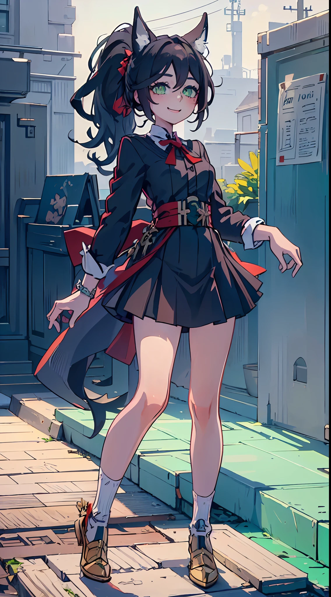 ( body:1.3), 1girl, official, green eyes, looking at viewer, (masterpiece, best quality:1.2), (solo), (1girl), best quality, (photorealistic:1.4),ultra detailed, solo, (full body:1.5), standing, love in eyes, double ponytail, blushing, cute, smile, school uniform, long sleeves, miniskirt