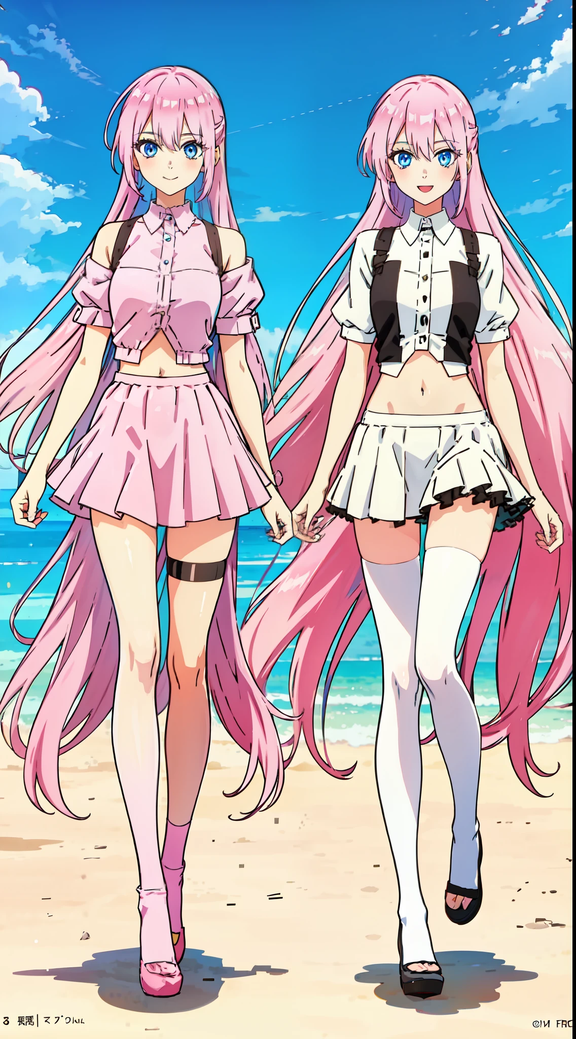 shikimori, slim legs, exposed navel, short skirt, beautiful eyes, blue eyes, happy, pink hair, long hair, thigh high socks, full body, mall