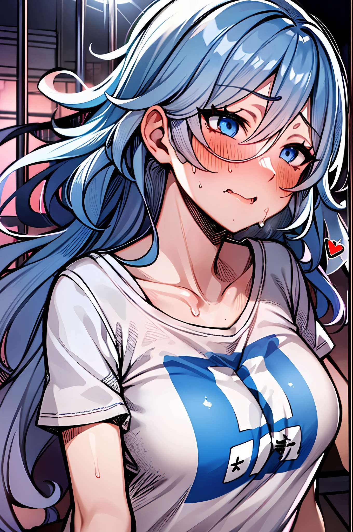 (suggestive:1.3),(corruption),1girl,(whute t-shirt), melting,dripping,blue sea hair,blush,upper body,(ahegao:1.1),(naughty face),collarbone,trembling,sweat,sweatdrop,heart,skindentation, (crazy:1.3),(speed lines),sun, outdoors