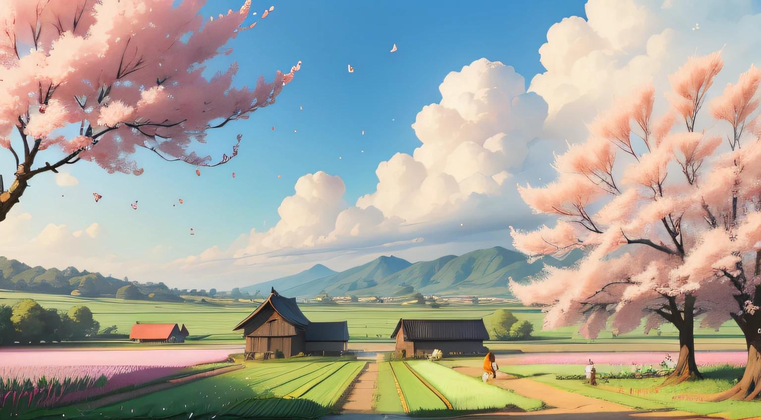 cherry tree、Plum、guoba,ricefield、with blue sky and white clouds、Dog tail grass、butterflys、honeybee、dragonfly、Chou、leek、weed、Grandpa、Children,Grass house, Harmony with nature, Warm and idyllic, Possess brightness、vivd colour, Vivid and natural lighting, Light and flowy, bright weather, Natural ecological environment, Pleasant climate, Peace and quiet atmosphere,Beautiful scenery showing rural countryside。