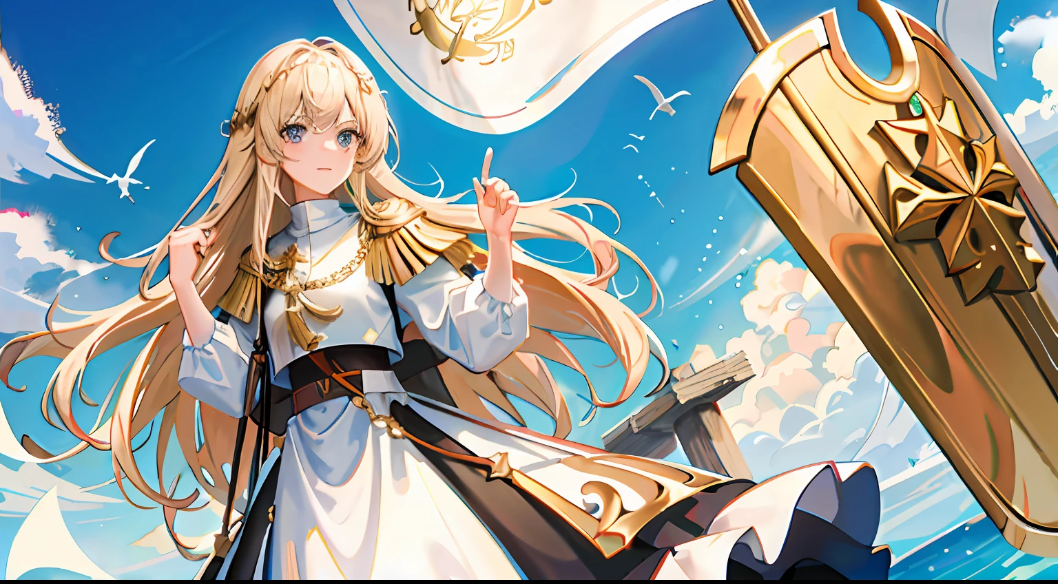 1girll, Flag of Poland,cabellos largos dorados,holy paladin,Knighthood,gold light,Gold accents,Domineering,Steadfast,divino