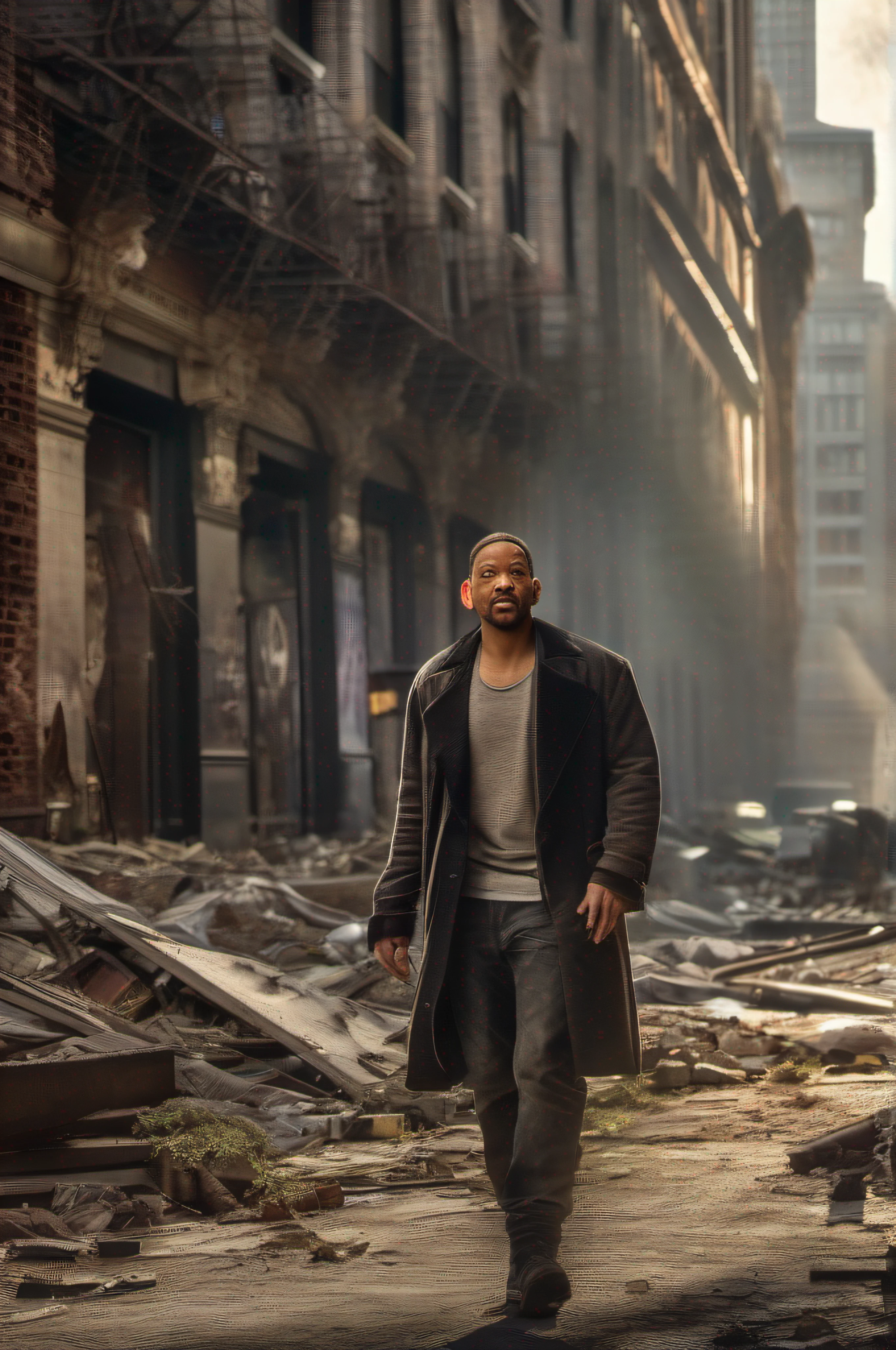 FULL SHOT, FRONT VIEW FACING THE CAMERA ACTOR WILL SMITH WALKS ALONE THROUGH THE RUINS OF NEW YORK, DRAMATIC LIGHT, POST-APOCALYPSE ATMOSPHERE, SUPER HIGH RESOLUTION, SUPER FINE FOCUS, BEST QUALITY, 32K, HDR, HYPERPHOTO REALISM