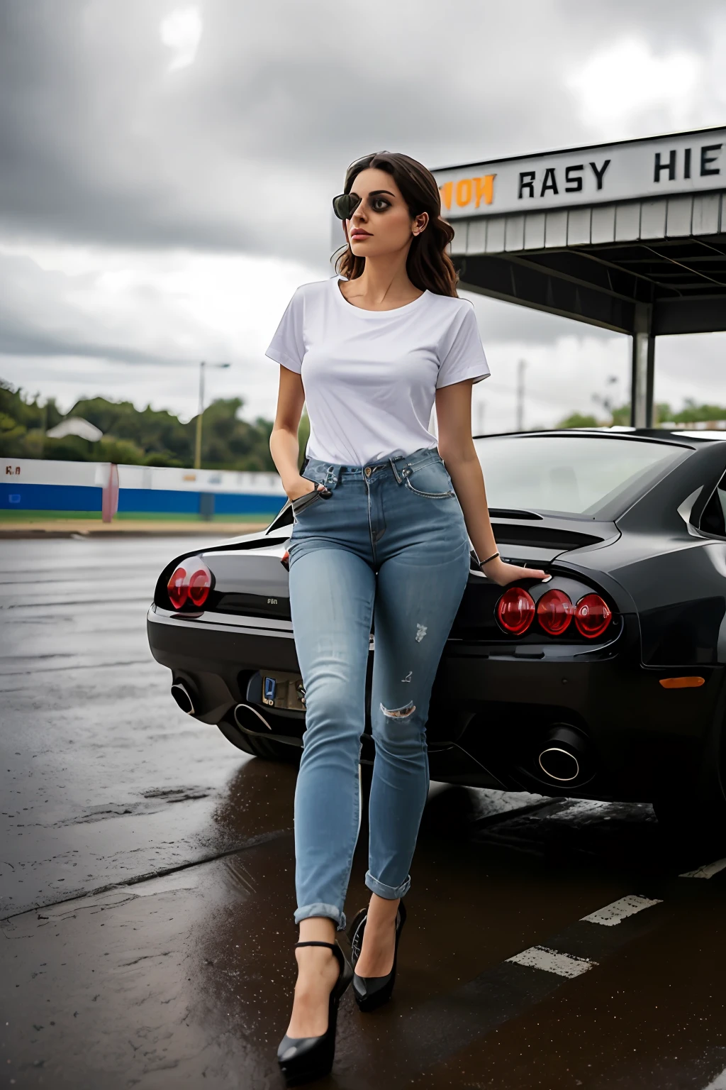 ((Best Quality, 8k, Masterpiece:1.3)), Focus: 1.2, Perfect Body Beauty: 1.4, Arabian 27 years old woman: 1.2, ((Black curly Hair)), (Steel gray plain round neck regular fit basic tee-shirt:1.1), no print on Teeshirt, basic full body length regular fitting tee-shirt, Dark grey skinny jeans, long jeans: 1.1, short sleeves black regular tee-shirt, Highly detailed face and skin texture, Detailed eyes, Double eyelids, toned body, Whitened skin, serious mood, large toned breasts, toned firm legs, high heel's, whitened skin, detailed black eyes, black wavy hairstyle, detailed face, middle eastern woman, baggy medium size basic tee-shirt, simple plain Baggy Tee-shirt, toned firm hips, 8K UHD, black anklet, model looks, apocalypse city, rainy weather, dark clouds, silver wrist watch, bracelet, bangle's, open legs style Posing, old gas station, sitting on a old wooden chair, high heels, detailed beautiful feets, detailed feets fingers and shape, dusty sunny weather, old petrol pump, rainy atmosphere, wet roads, model shoot style, Standing front of Ducati Panigale V4, blue sky with clouds
