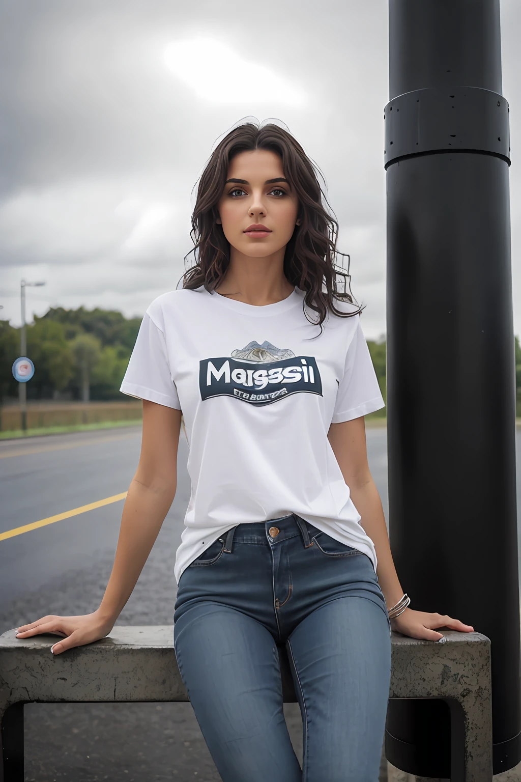 ((Best Quality, 8k, Masterpiece:1.3)), Focus: 1.2, Perfect Body Beauty: 1.4, Arabian 27 years old woman: 1.2, ((Black curly Hair)), (Steel gray plain round neck regular fit basic tee-shirt:1.1), no print on Teeshirt, basic full body length regular fitting tee-shirt, Dark grey skinny jeans, long jeans: 1.1, short sleeves black regular tee-shirt, Highly detailed face and skin texture, Detailed eyes, Double eyelids, toned body, Whitened skin, serious mood, large toned breasts, toned firm legs, high heel's, whitened skin, detailed black eyes, black wavy hairstyle, detailed face, middle eastern woman, baggy medium size basic tee-shirt, simple plain Baggy Tee-shirt, toned firm hips, 8K UHD, black anklet, model looks, apocalypse city, rainy weather, dark clouds, silver wrist watch, bracelet, bangle's, open legs style Posing, old gas station, sitting on a old wooden chair, high heels, detailed beautiful feets, detailed feets fingers and shape, dusty sunny weather, old petrol pump, rainy atmosphere, wet roads, model shoot style, Standing front of Ducati Panigale V4, blue sky with clouds