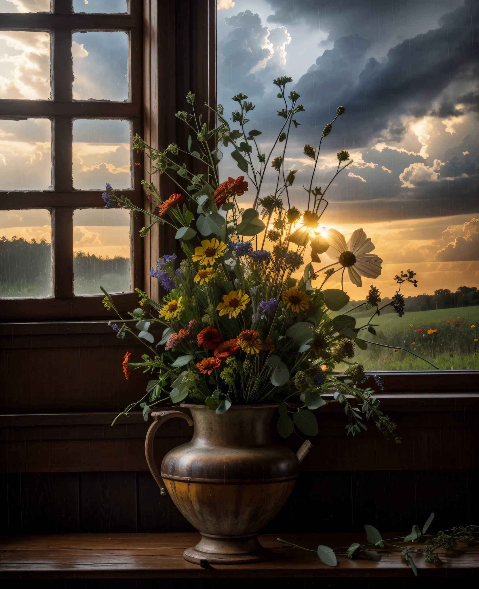 bouquet of wildflowers, window with stormy sky, old wooden tabla, Romanticism, backlighting, ray tracing, f/16, Canon, masterpiece, high quality, 8k