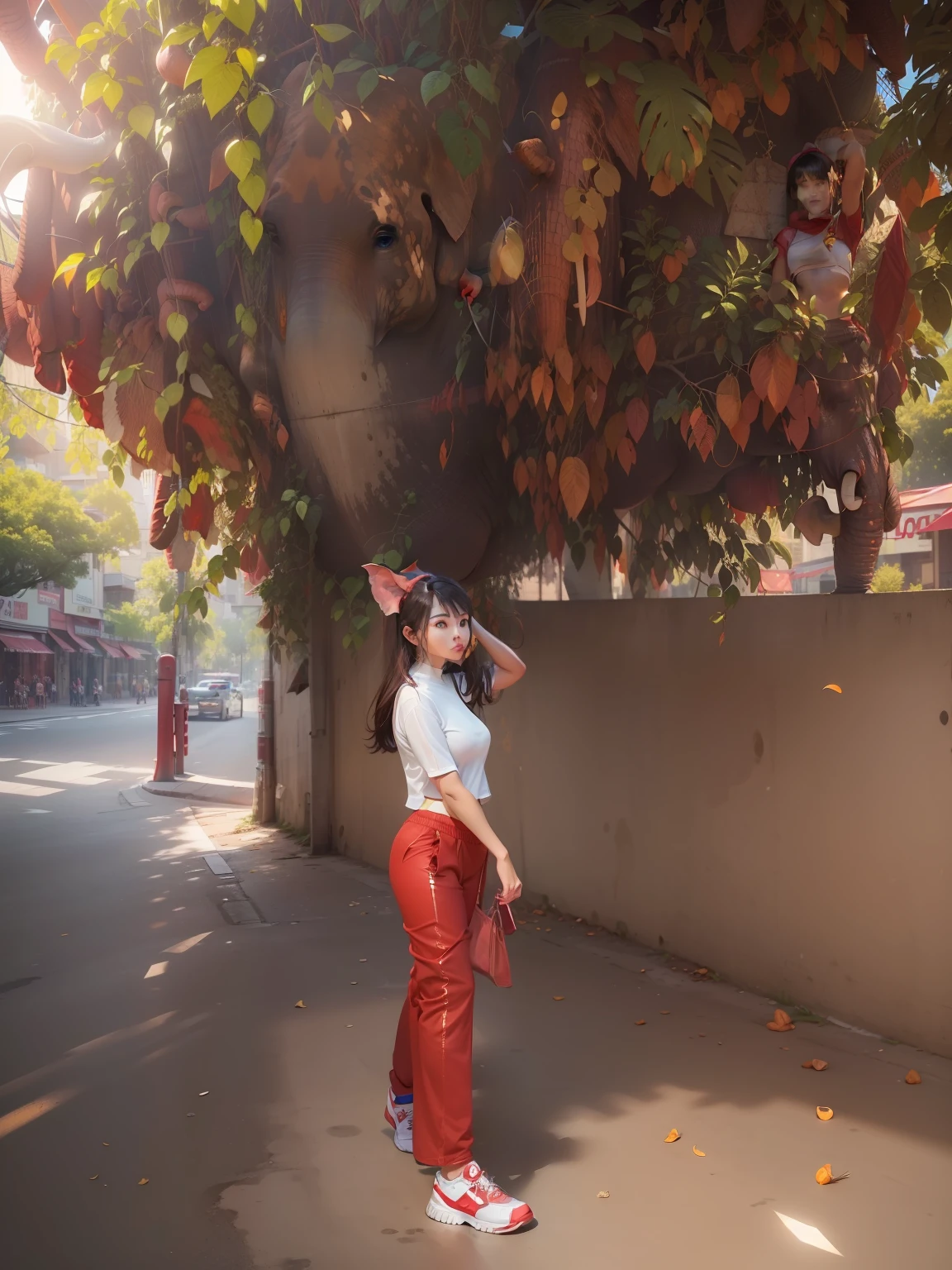 best quality:1.4), (ultra highres:1.2), (photorealistic:1.4), (8k, RAW photo:1.2),(medium shot :1.4), (brown eyes), girl walking on the street, wearing ( red ThaiElephantHaremPants:1.3),(white top:1.2), (nice shoes),(natural light),(rim light) background remove