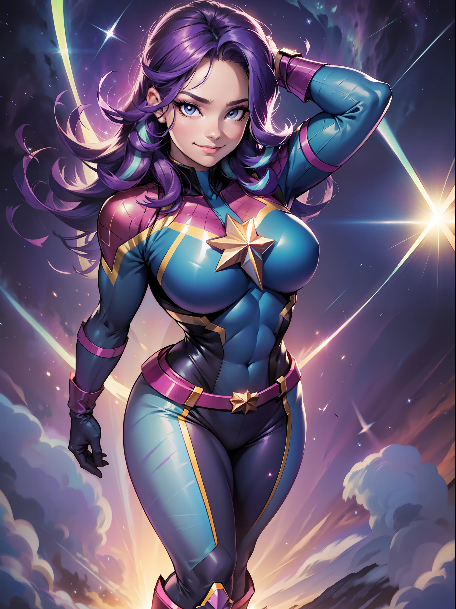 Starlight Glimmer, Huge-breasts, Lush breasts, Elastic breasts, hairlong, Luxurious hairstyle, In the costume of Captain Marvel, purple blue suit, Elegant boots, in the sky, superhero, A bunch of blue magic, Blue Trail, brawn, in full height, Smiling, Magic, Flight beam, beste-Qualit, Very detailed, 8K quality, in full height