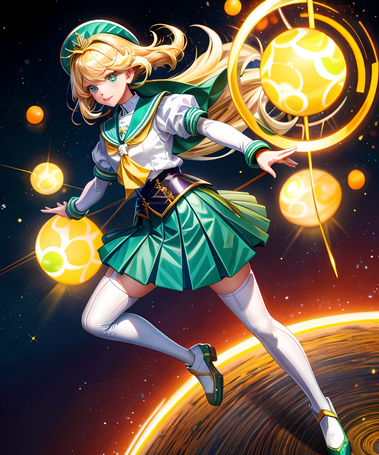 Ji-eun is a charming-looking blonde student. Ela tem longos cabelos loiros, loiros e sedosos que caem suavemente sobre seus ombros. His eyes are radiant and of a dazzling emerald green, que conferem um brilho especial ao seu rosto. Your skin is clear and flawless. Ji-eun is thin and has an elegant posture, seios grandes, quadril fino, bunda grande, em frente a escola.
Uniforme escolar: Ji-eun veste um uniforme escolar branco, typical of South Korean schools. The blouse is adjusted to the body, com mangas curtas e uma gola preta, destacando sua figura esbelta. saia azul, The skirt is pleated and goes to the knees, confirindo um ar jovial e fofo ao seu visual. Ela usa um par de meias brancas bem apertadas nas coxas, junto com sapatos pretos de estilo Mary Jane. Vistos de baixo.