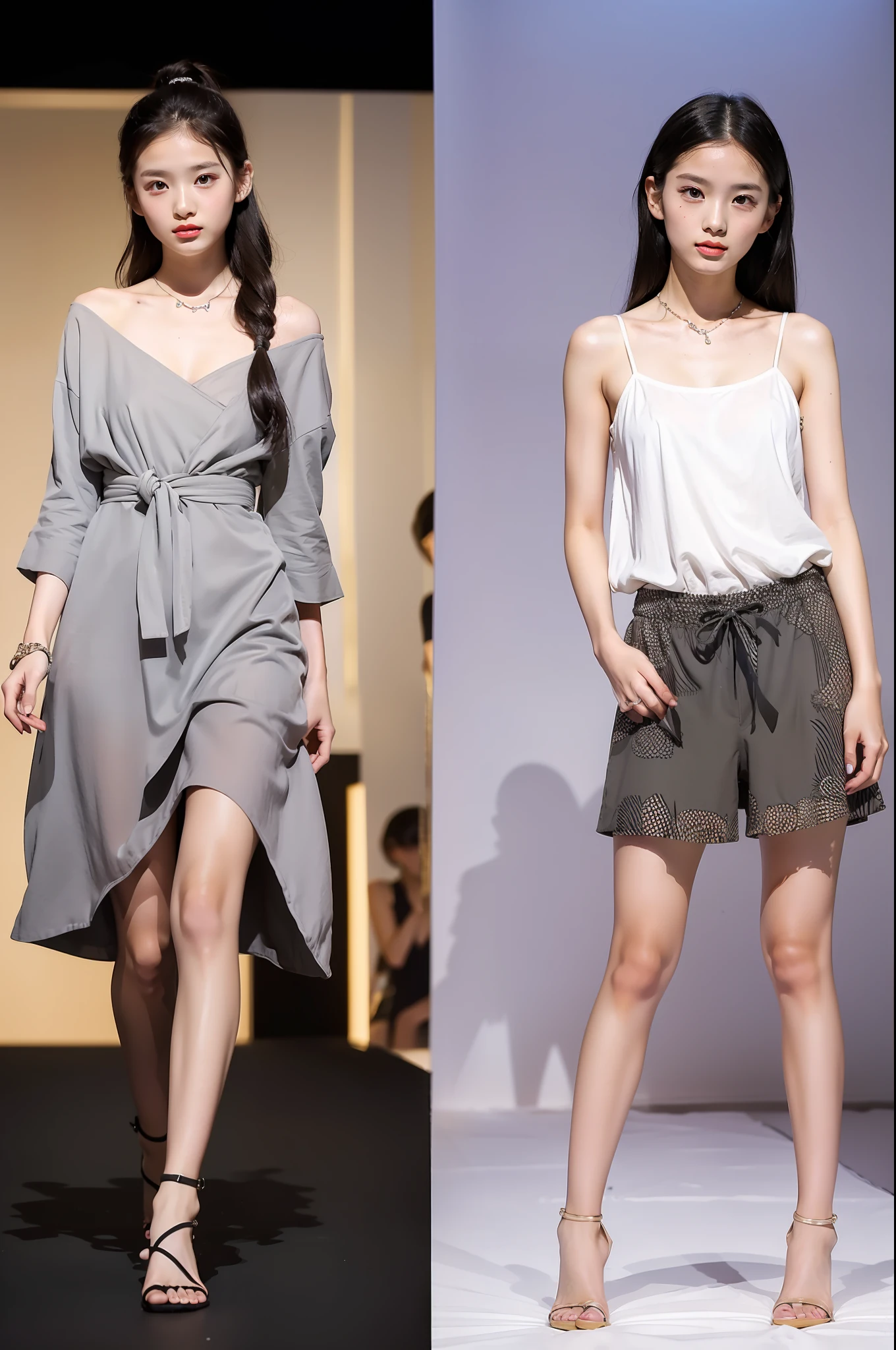 best qualtiy, jewelry,Full body like,Summer clothes,Fashion show,Refined face,pretty face,A 10-year-old Asian woman,slimfigure,Smaller bust