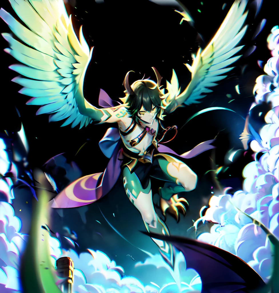 yellow eyes, green hair, short hair, tattoo, forehead tattoo, necklace, 1boy, solo focus, male focus, black within green hair, xiao \(genshin impact\) as a Digimon, digimon \(creature\),((Green and White skin)) ,((Bird like)) ,(( Demon like)),((green, white, Black and Purple color scheme)), ((high quality )) ,((Masterpiece)), ((Harpy))