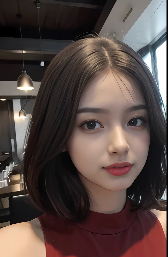 uma mulher, brown hair, olhos castanhos, Corpo em forma, cabelos longos, cabelo partido no meio, Cabelos lisos, red dress, inside a restaurant, corpo detalhado, Olhos detalhados, master part, best quality, alta qualidade, RAW Camera, Realistic, pessoa real, korean,