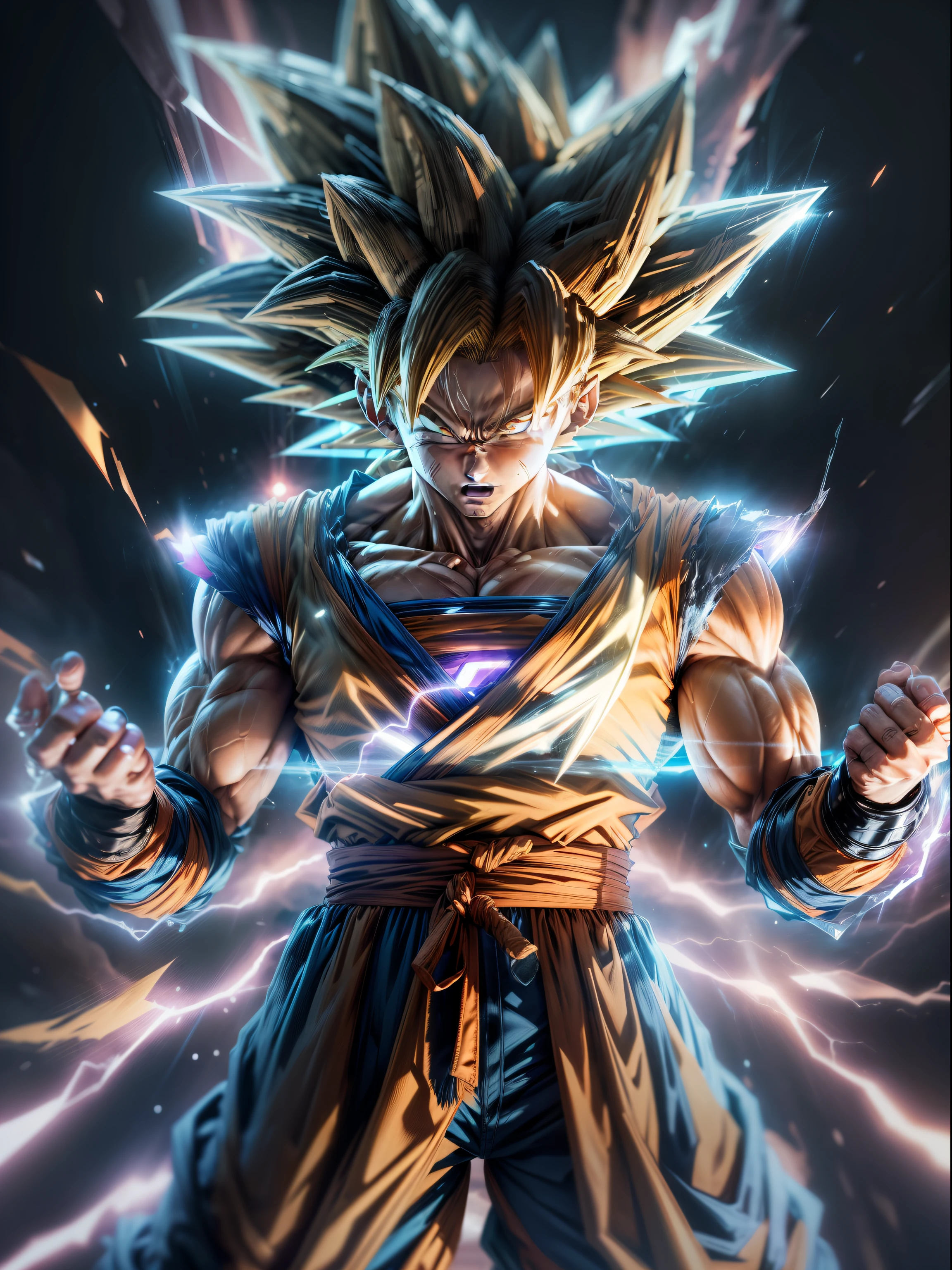 (half-body photo),Super Saiyan Super,(Transparent Goku:1.2),(Clear plastic body:1.2),( High-gloss plastic body:1.2),(cyber punk perssonage),(dreamy glow),(globalillumination),Ray traching, (High-density imaging),The rendering is not realistic,Rational design,high detal,tmasterpiece,best qualtiy,Ultra HD electric lights