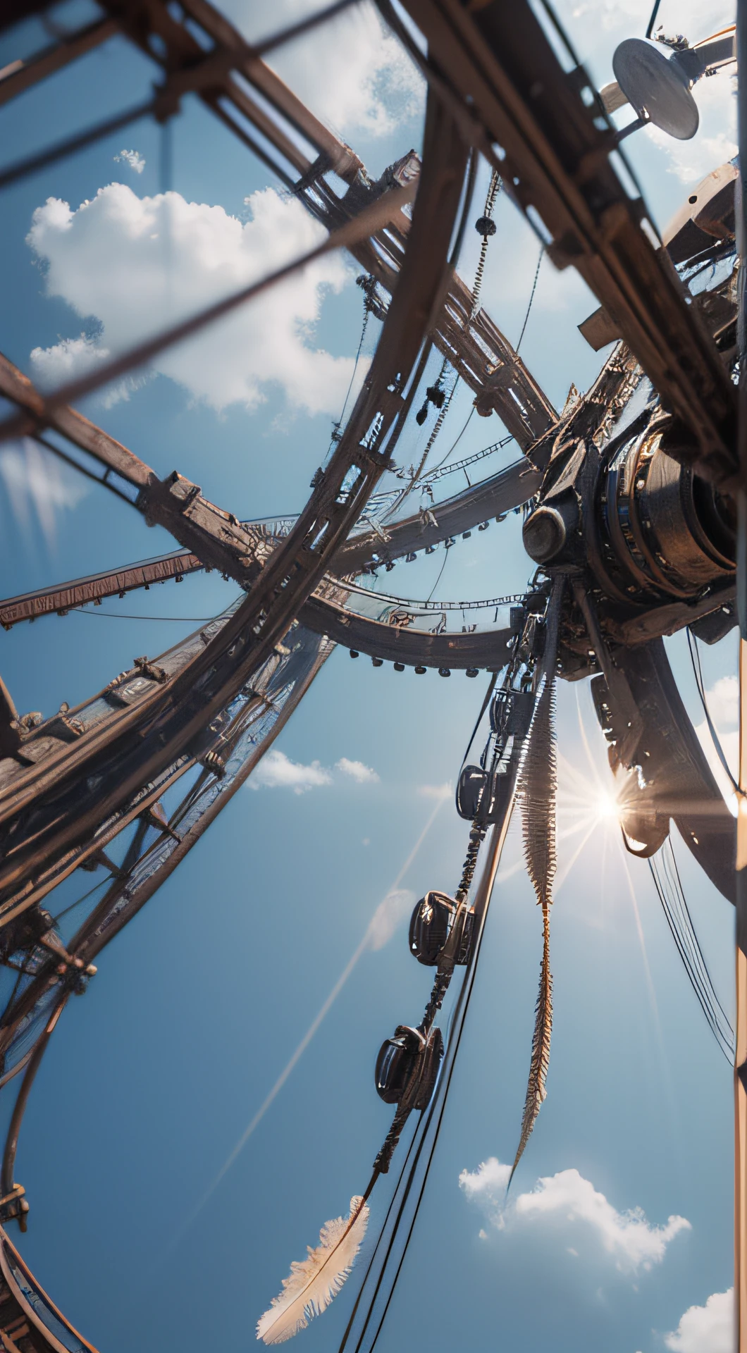 a heavily distorted, fading late morning clear sky, a singular object comprised of contorted feathers/machinery/pipes/rusted components is floating in the air, steel strings weave into each other, extra detail, 4kHD details, best resolution, surrealistic composition, extreme camera angle, motion blur, depth of field, foreshortening, tilted camera angle, cinematic lighting, movie scene, lens flare, fisheye lens perspective view