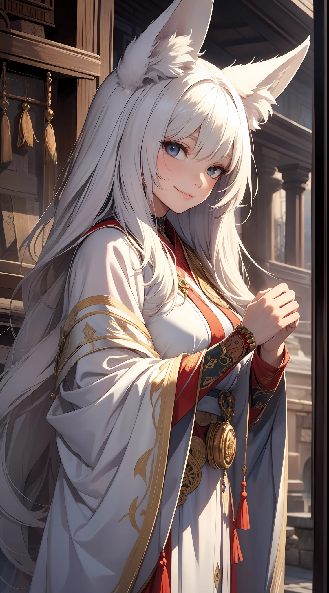 best quality, masterpiece, realistic, detailed, a beautiful and mysterious fox priestess with a sly smile, adorned in traditional robes, in a majestic ancient shrine, dark fantasy.