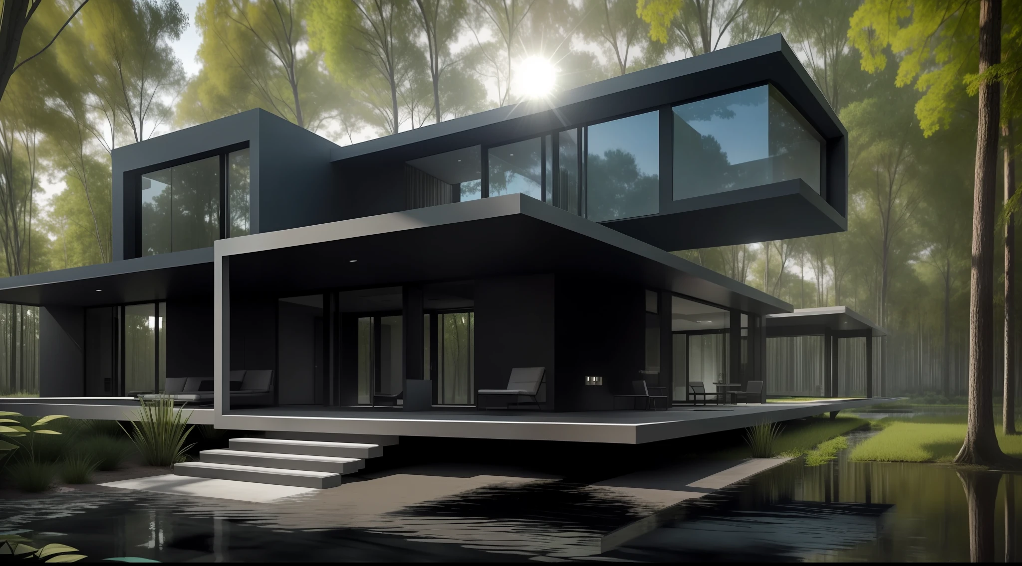 A futuristic house in the middle of a shadowy swamp, ultra realista, ((8k)), paredes de concreto, cimento, chrome steel bars, metalizado, chrome effect, retrofuturista, wide angle